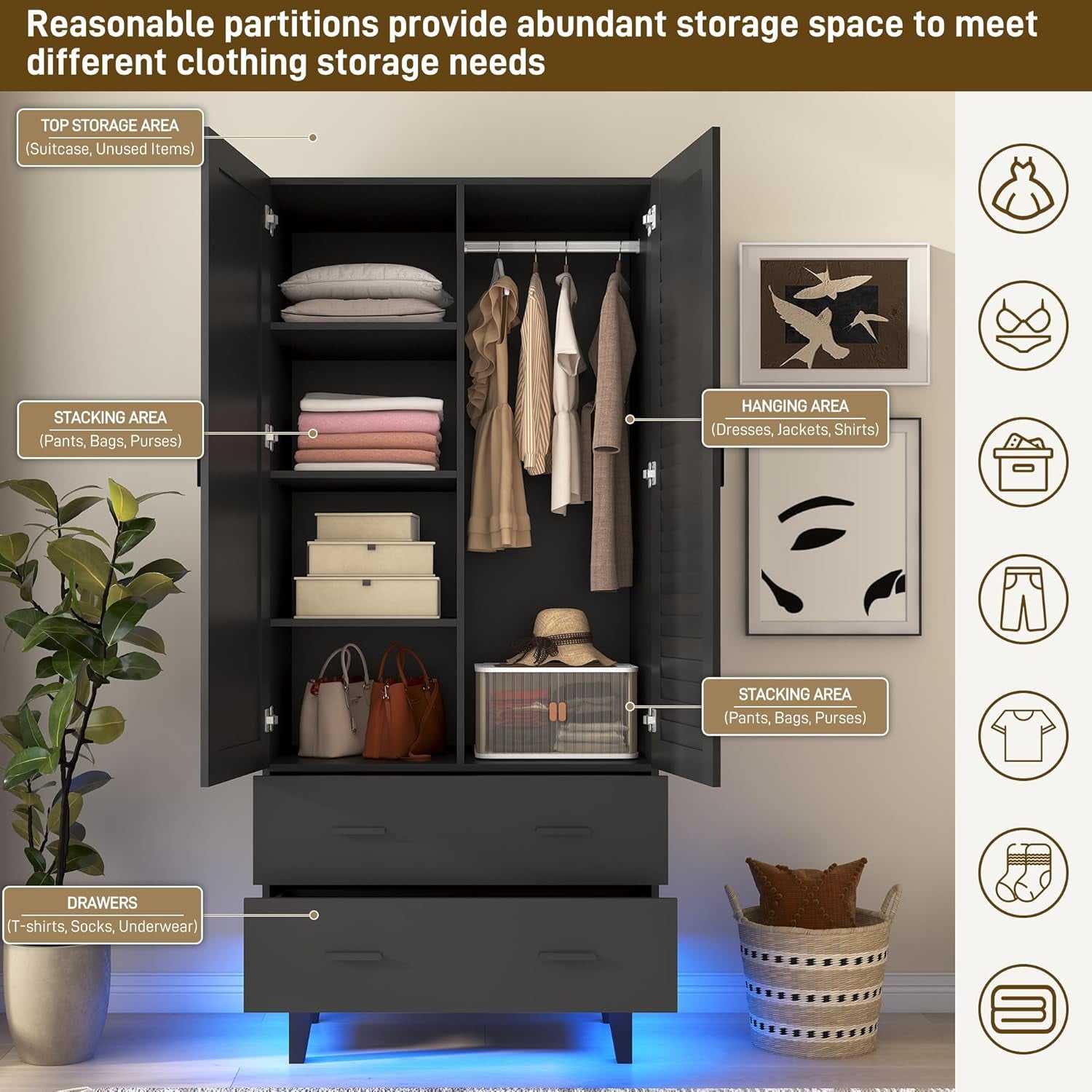 Blotout 70 Armoire Wardrobe Closet with Mirror & LED Lights, LED White Louver Door Wardrobe Armoire with 3 Drawers & Hanging Rods, Large 3 Doors Armoire Storage with Multi-Layer Shelves