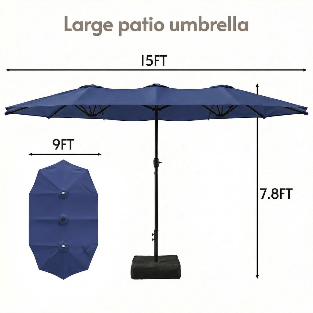 LAZZO 15ft Large Patio Umbrella with Base and Lights, Double-Sided Rectangular Outdoor Deck Umbrella, Tiki Style