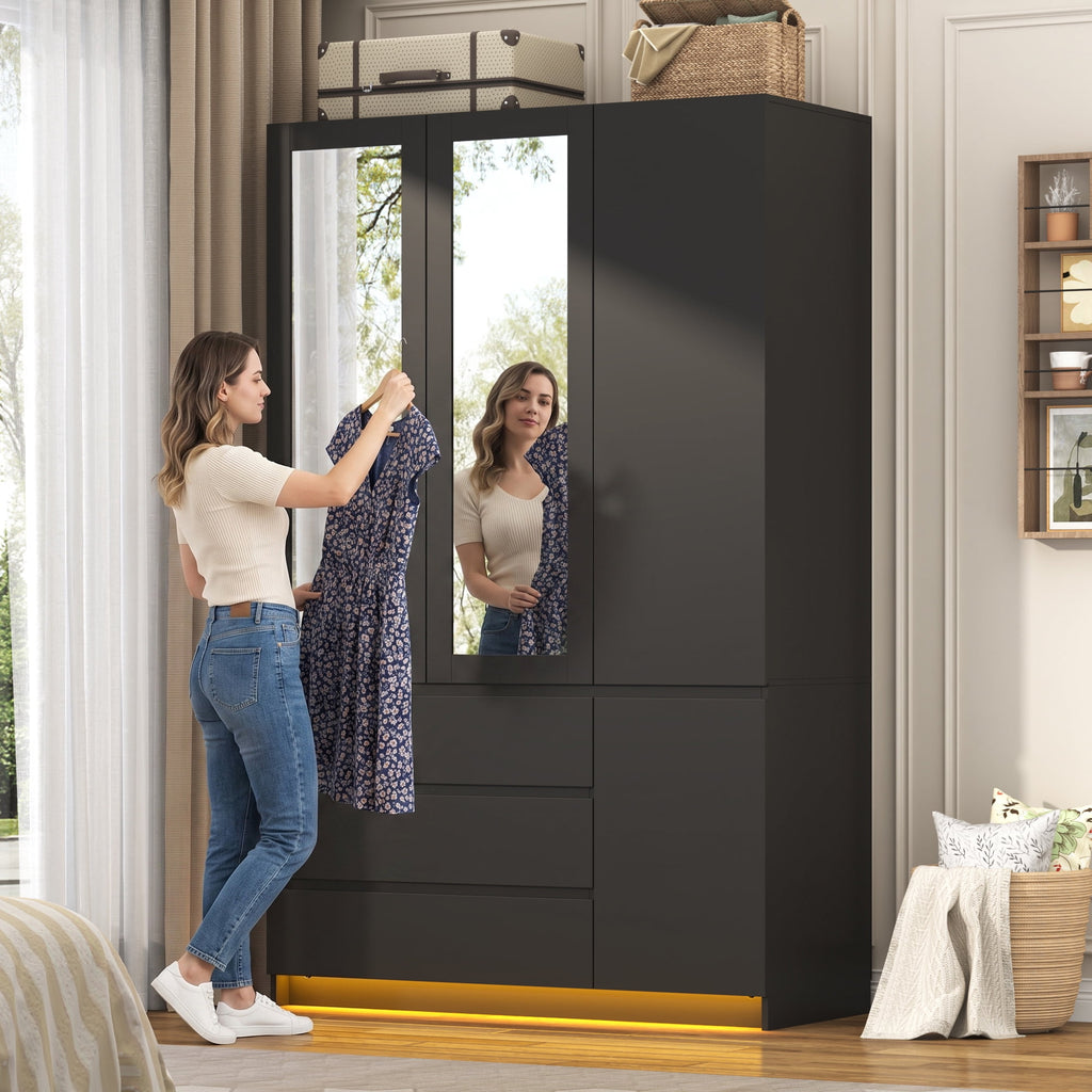 75 Tall 3 Doors Armoire Wardrobe Closet with  3 Drawers and Mirror, Large Wardrobe Closet for Bedroom with LED Lights, Wooden Armoire Storage Cabinet with Hanging Rod, Adjustable shelves (White)