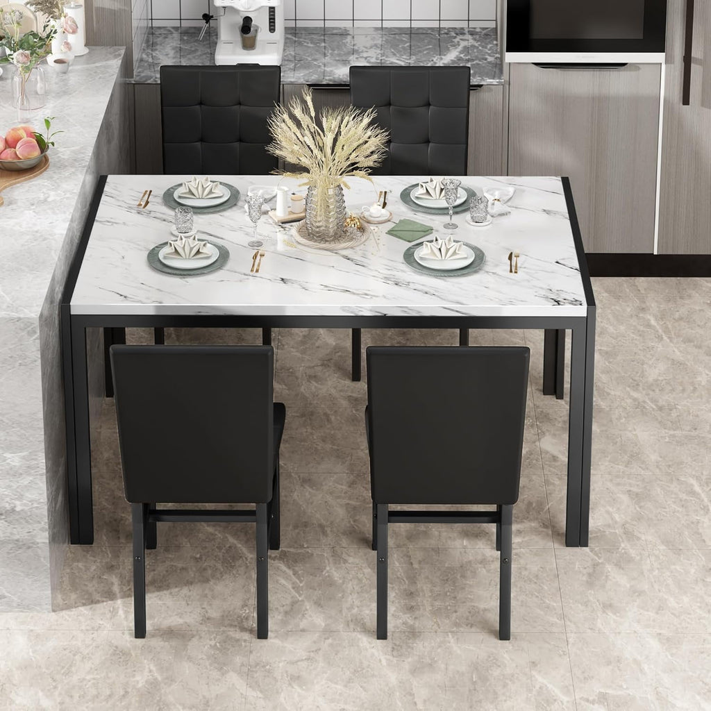LinkRomat 5-Piece Faux Marble Dining Table Set for 4, Modern Kitchen Table with Chairs, Dinette Dining Room Furniture Set for Compact Space Saving
