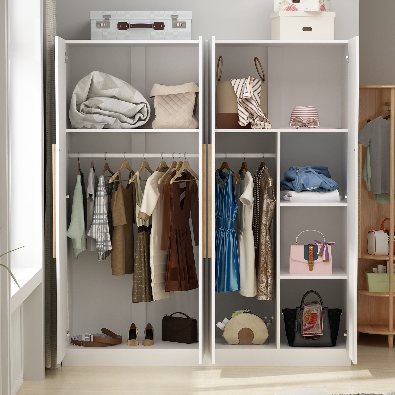 OxyLife 2 Door Wardrobe Armoire, White Closet Storage Organizer with Drawers and Shelves