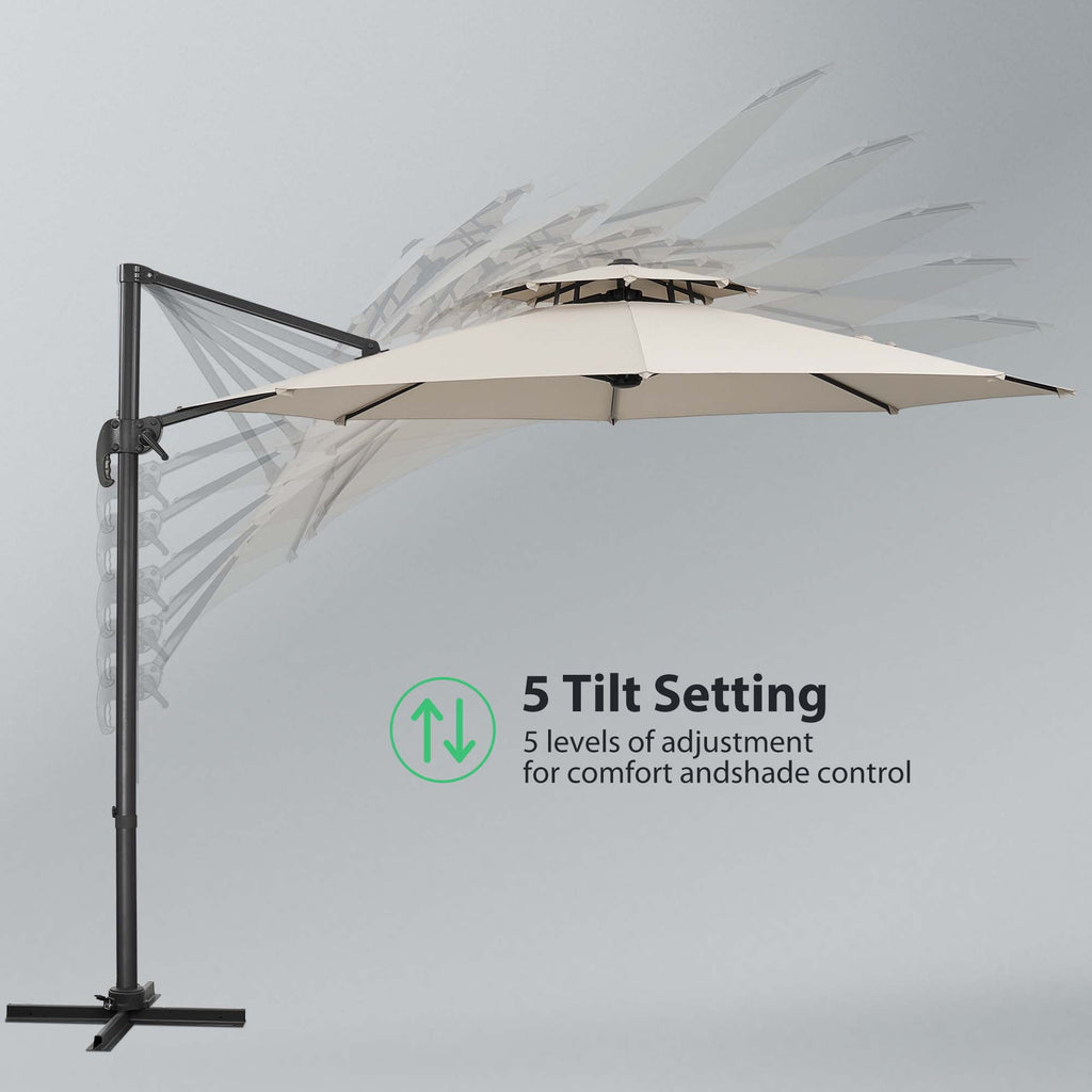 Ainfox 10ft Double Top Heavy-Duty Patio Cantilever Umbrella with lights and Cross Base, Outdoor Large Offset Hanging Aluminum Rotation Sun Shade Solar Umbrella with 360°Rotation Adjustable,Khaki