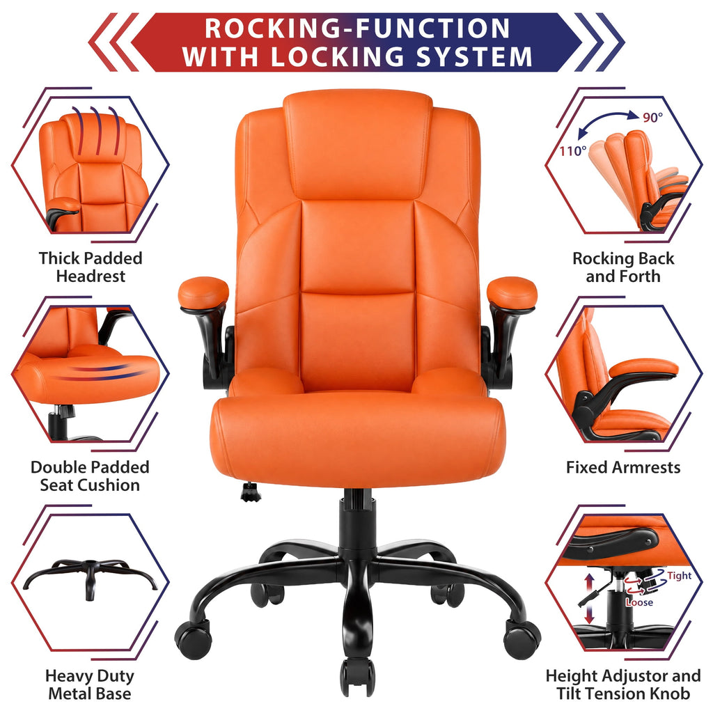 JONPONY Leather Office Chair, Big and Tall 500lbs Ergonomic Desk Chairs with Back Support, Executive Leather Chair with Wheels for Home Office, with Adjustable Padded Armrest & Lumbar Support , Black