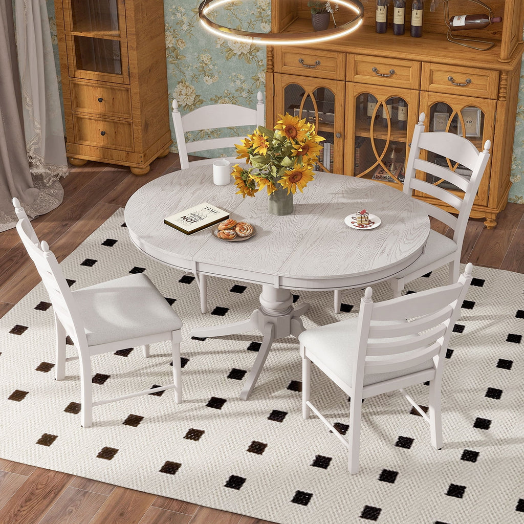 Harper & Bright Designs Farmhouse 5 Piece Kitchen Dining Table Set for 4, Solid Wood Extendable Round Dining Table Set and 4 Upholstered Chairs, Retro Dining Set for Kitchen, Natural Wood Wash