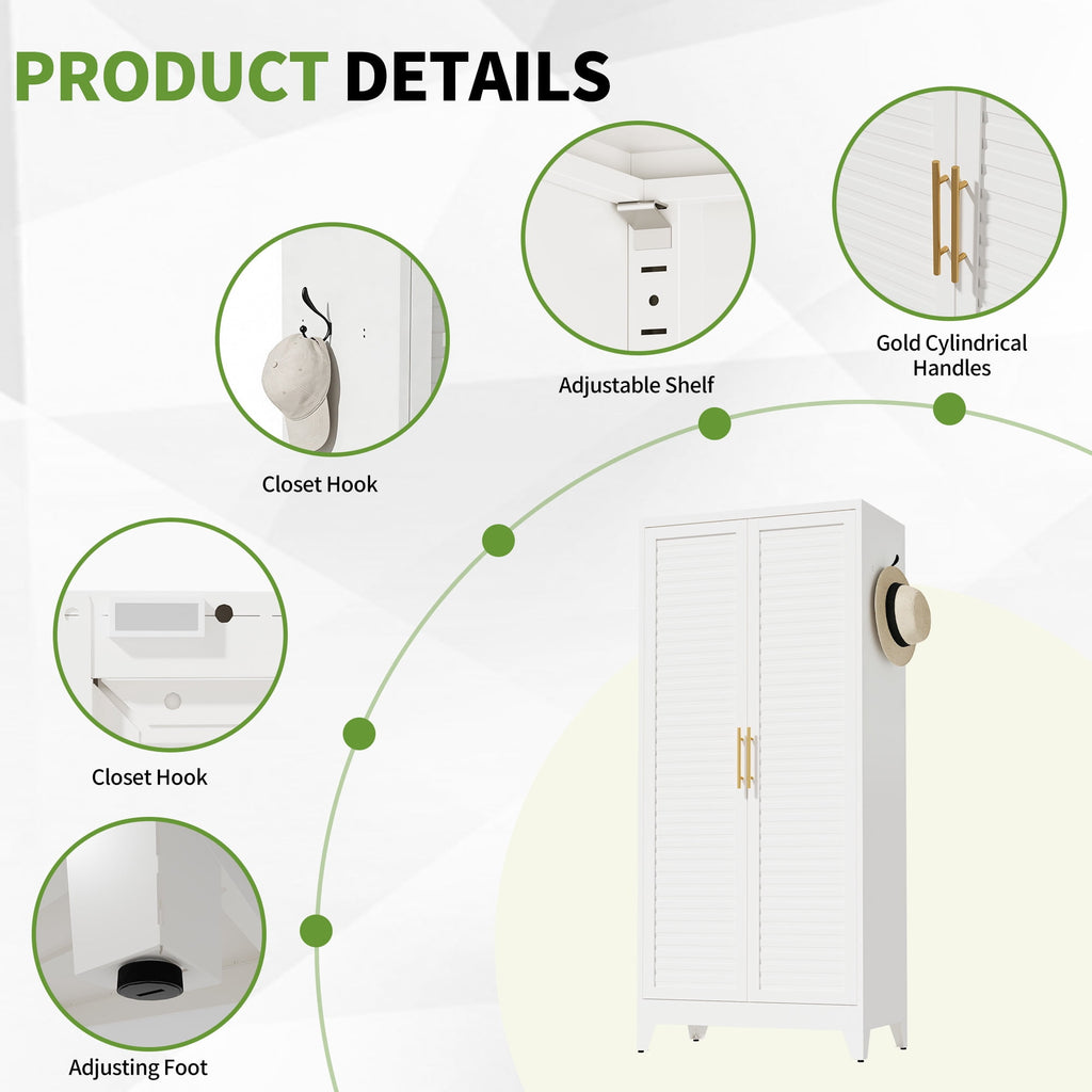 AISWORD 60 Tall Metal Wardrobe Cabinet with 1 Drawer and Hanging Rod, 2 Doors Closet with Adjustable Shelf, White