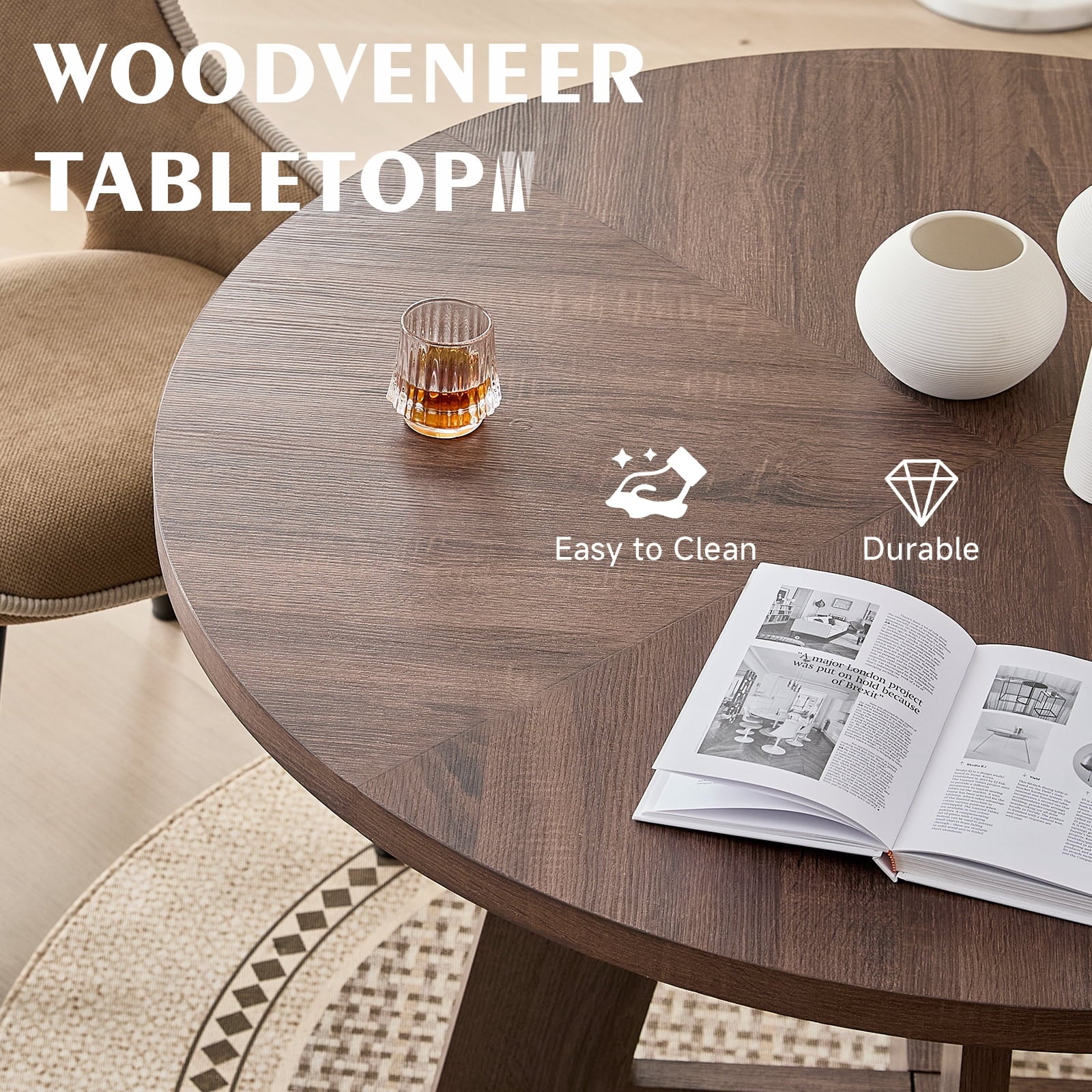 5 Piece 47'' Round Dining Table Chairs Set for 4, Farmhouse Oak Kitchen Table with 4 Boucle Mid Century Modern Dinning Room Chairs, Wood Dinner Table &Upholstered Chair Set of 4, Beige