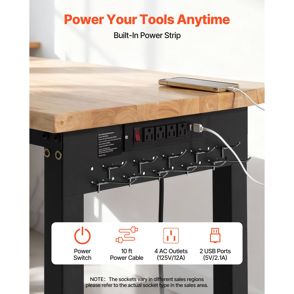 KFFKFF Adjustable Workbench with 5000 lbs Capacity, 72 x 24 Inch Oak Wood Top, Workstation Featuring 4 AC Outlets & 2 USB Ports, Durable Hardwood Table for Garage, Workshop, Home, Office