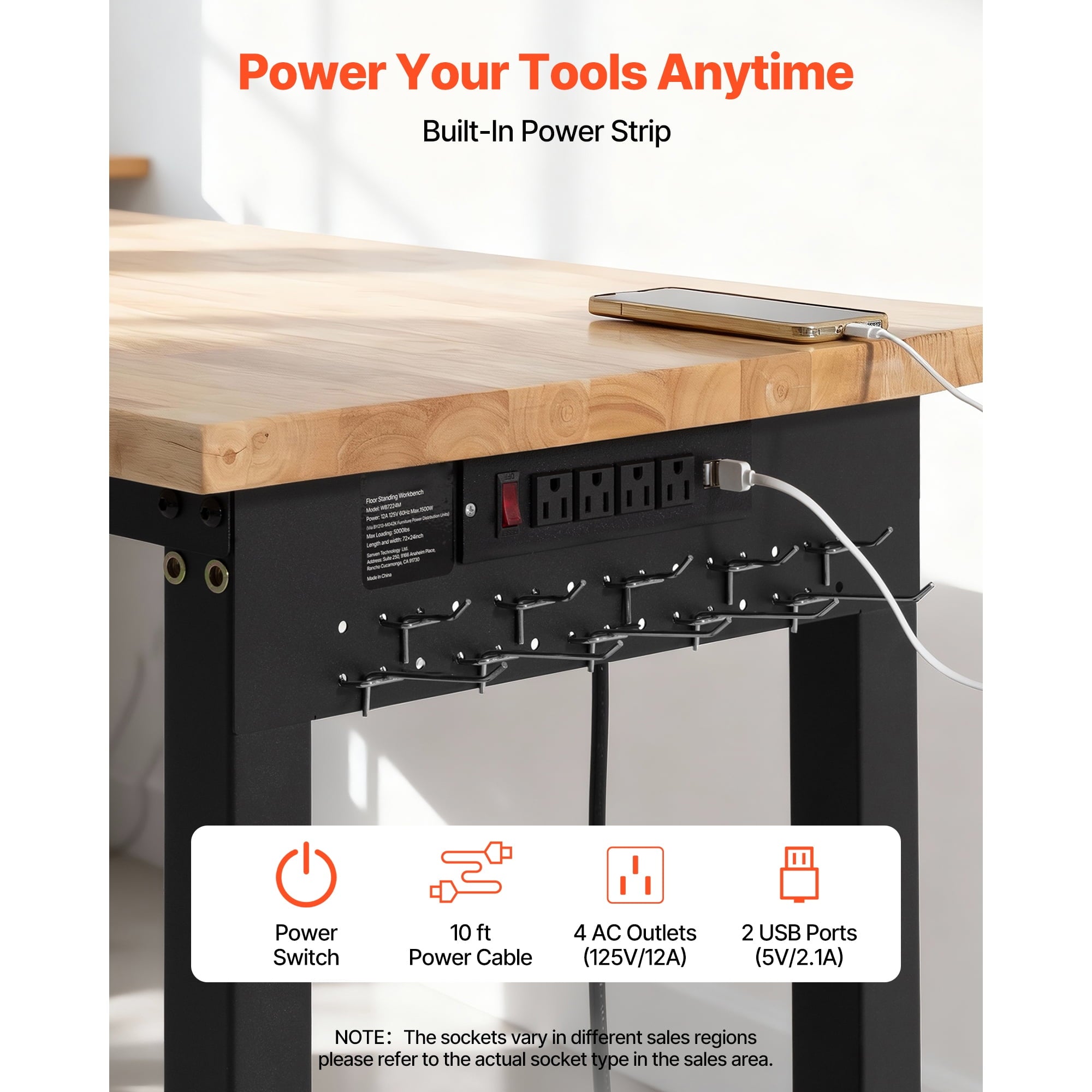 KFFKFF Adjustable Workbench with 5000 lbs Capacity, 72 x 24 Inch Oak Wood Top, Workstation Featuring 4 AC Outlets & 2 USB Ports, Durable Hardwood Table for Garage, Workshop, Home, Office