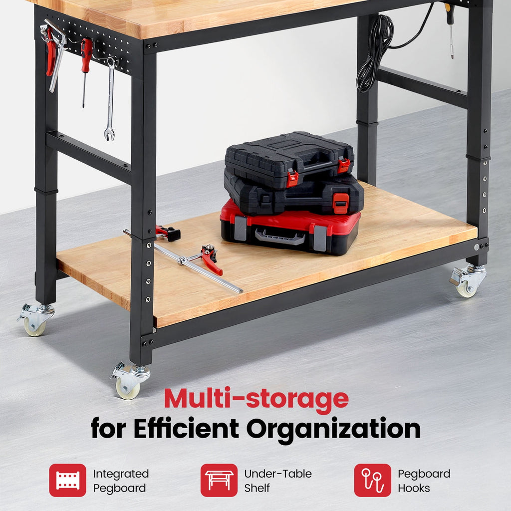Workbench for Garage,ENJOYWOOD Heavy Duty 48 inch 2 Tier Wood Work Bench with Rolling Wheels and Power Outlets,Rubber Wood Tabletop,2000 LBS Load Bearing Workstation Garage Desk Table Worktable