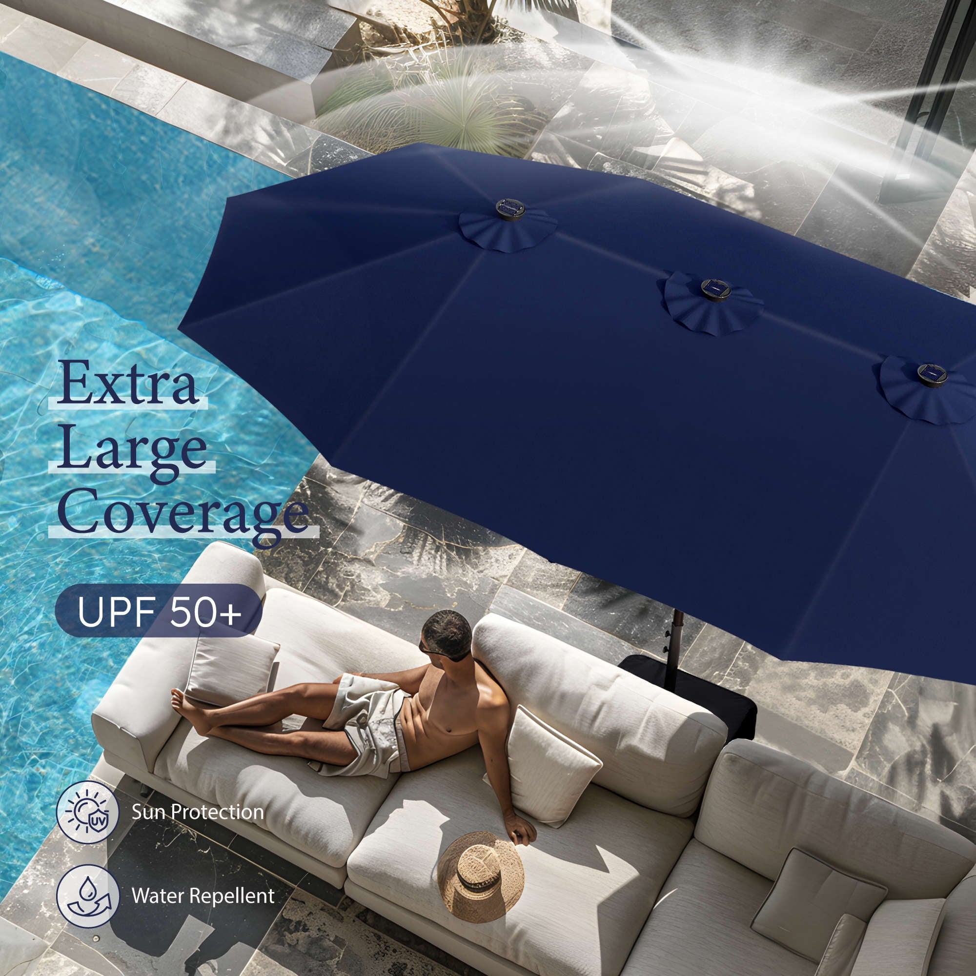 SUMMIT LIVING 15 FT Double-Sided Solar Patio Umbrella with Base Large Outdoor Umbrella with LED Solar Lights - Haze Blue