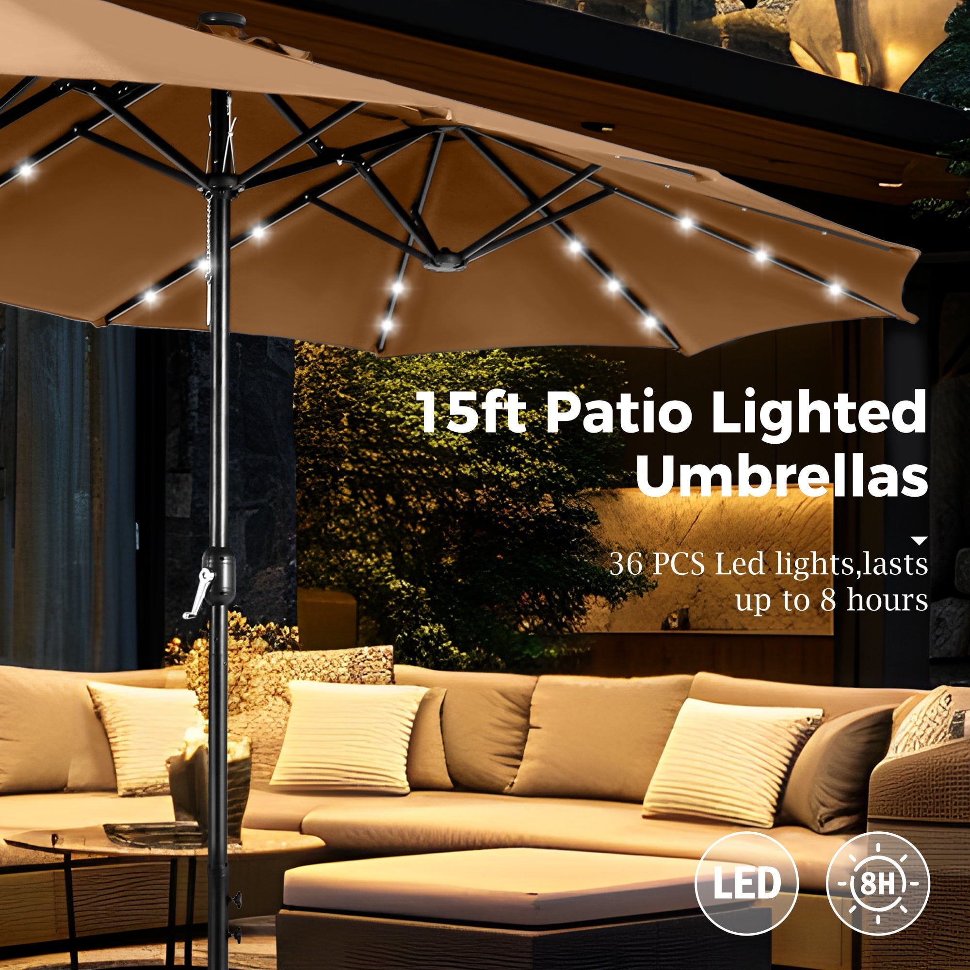Alpha Joy 15ft Extra Large Outdoor Patio Double-Sided Umbrella with LED Solar Lights & Umbrella Base, Beige