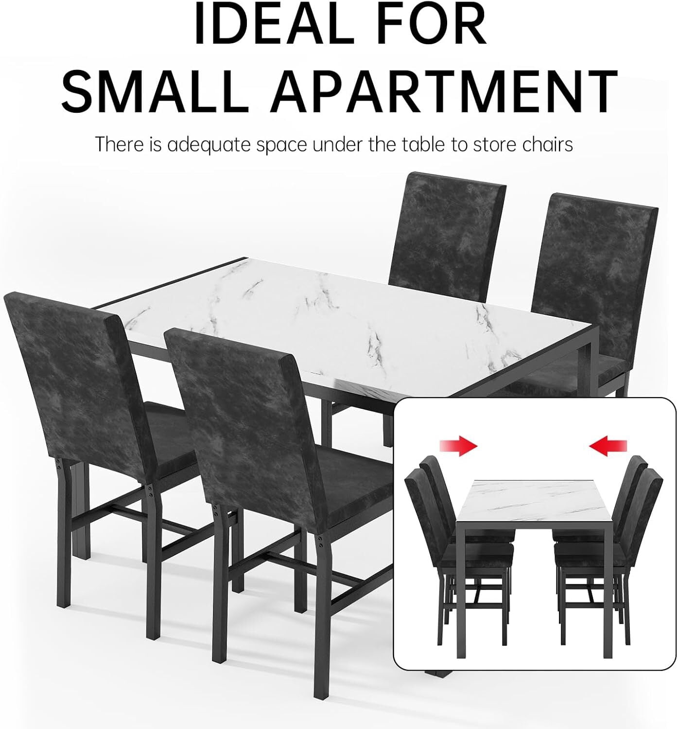 MOOSENG 5-Piece Dining Table Set with Faux Marble Top, Modern Kitchen Table and Set of 4 Grey Velvet Upholstered Chairs, Space-Saving Dinette Set for Small Spaces