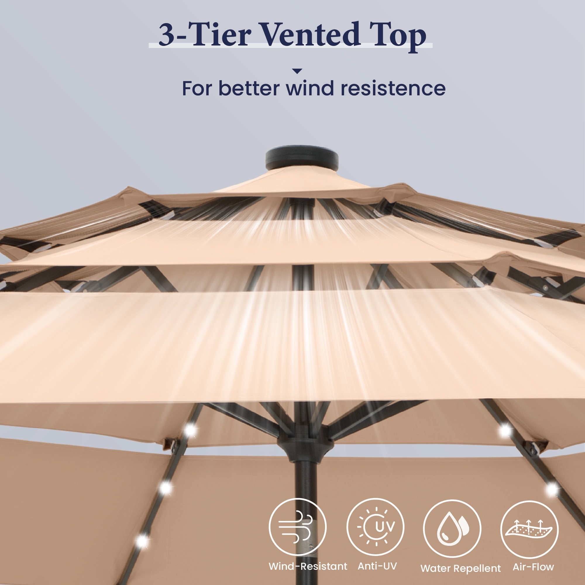 Summit Living 10ft Patio Umbrella with Solar Lights 3-Tier Vented Outdoor Market Umbrella with Auto-Tilt – Beige