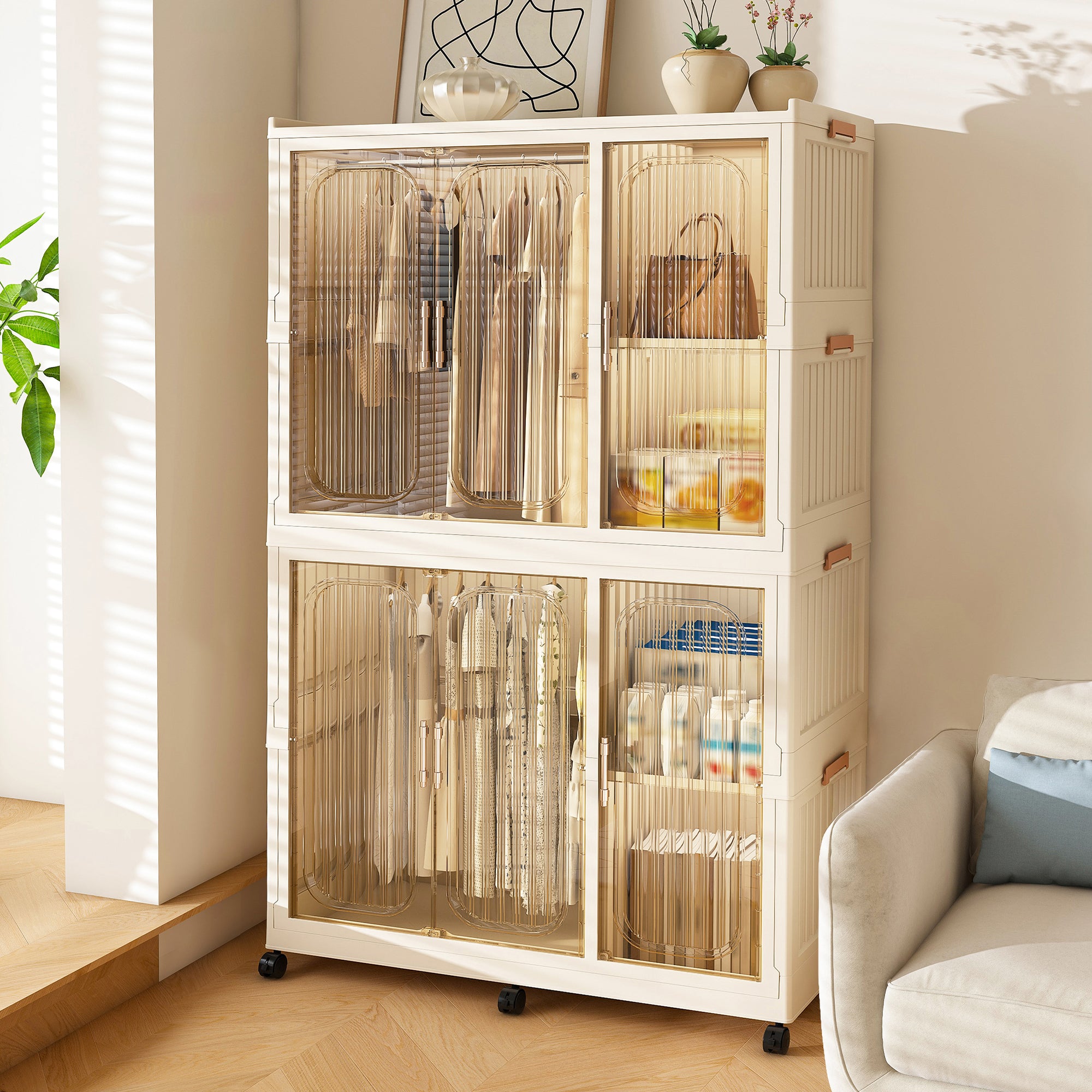 Garmic 62 Foldable Storage Wardrobe with Wheels, Portable Closet Organizer with 6 Magnetic Doors & 2 Hanging Rod, Plastic Armoire for Clothes Toys Books, White