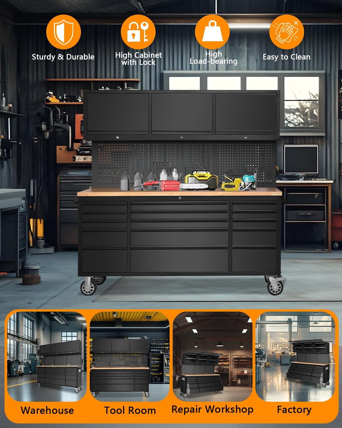 Garvee 72 Workbench Tool Chest, Large Rolling Work Bench with 15 Drawers and 3 Top Cabinets for Garage, Warehouse, Repair Shop, Black