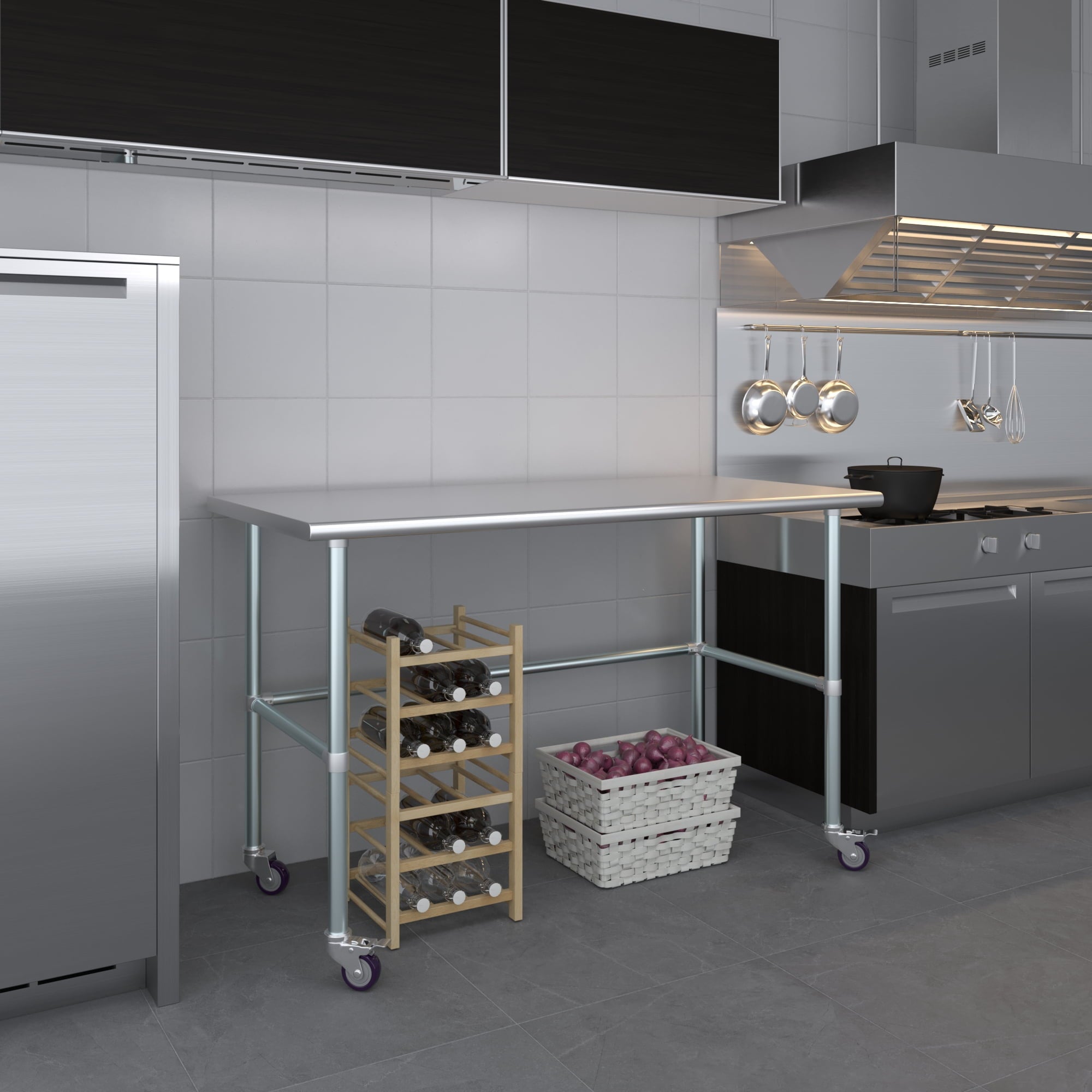 AmGood 36 Long x 30 Deep Stainless-Steel Work Table with Open Base and Wheels, Mobile Metal Table