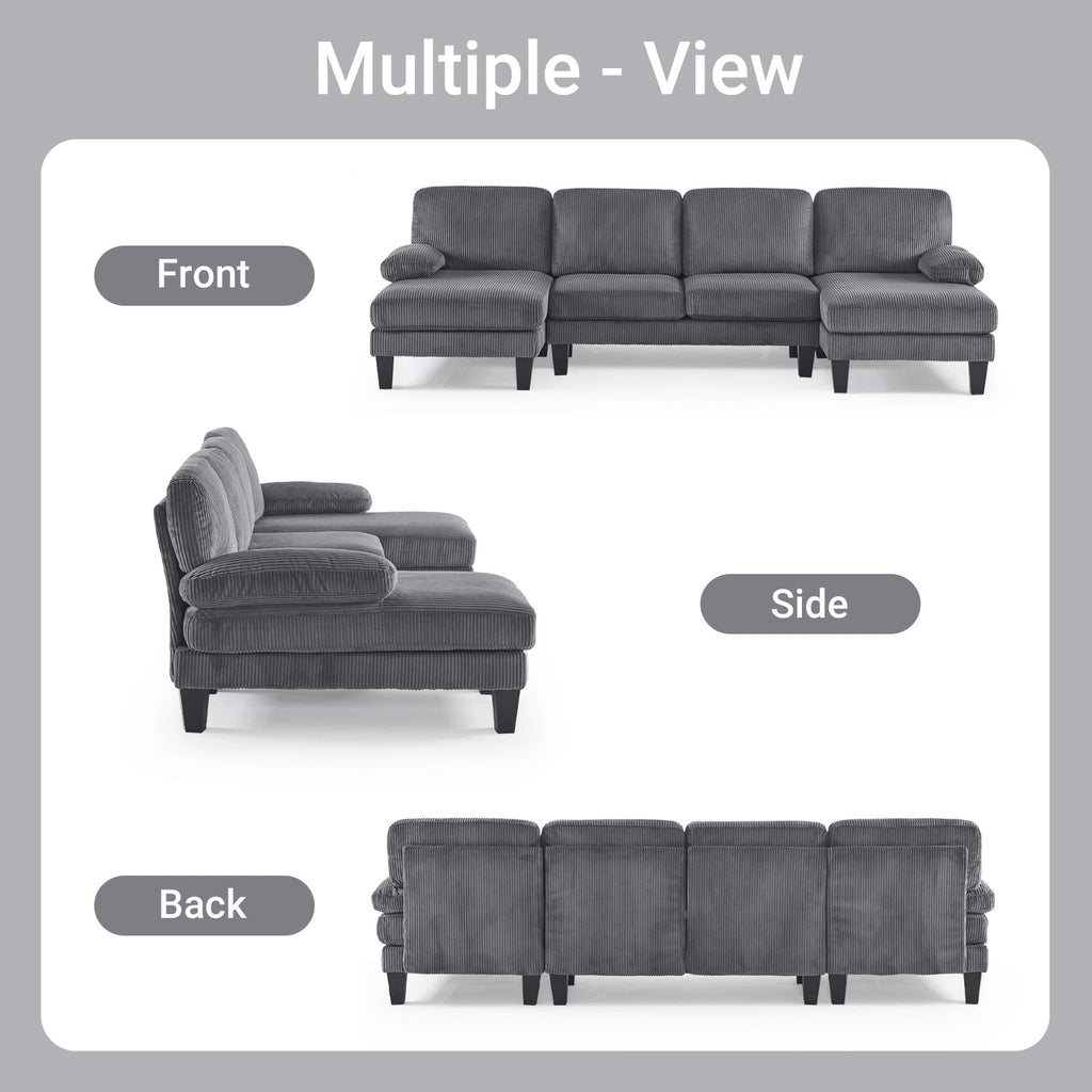 Ktaxon U-Shaped Sectional Sofa, 111  Chenille Couch, 4 Seat Lounge Sleeper with Double Chaise for Living Room Black