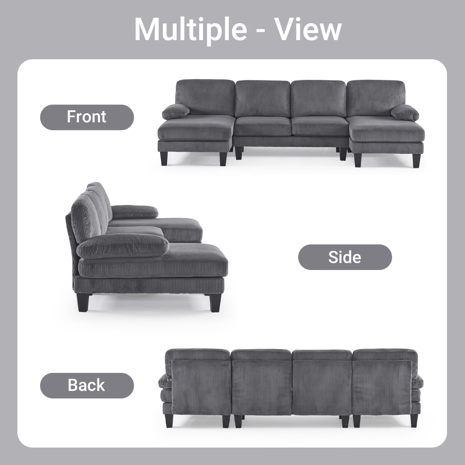 Ktaxon U-Shaped Sectional Sofa, 111  Chenille Couch, 4 Seat Lounge Sleeper with Double Chaise for Living Room Black