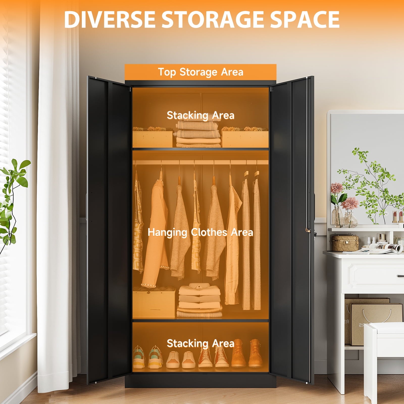 STANI Metal Wardrobe Closet with Hanging Rod, 72 White Armoire Wardrobe Cabinet with Adjustable Shelves, Clothes Storage Organizer Cabinets for Bedroom, Bathroom, Office