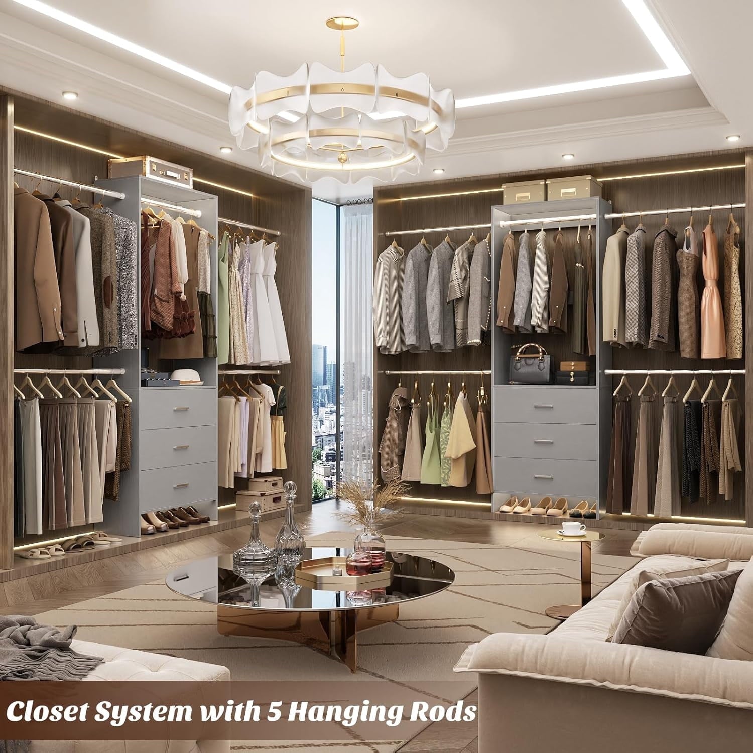 Homieasy Closet System, Closet Organizer with 3 Wooden Drawers, Walk-in Closet Wardrobe Clothes Rack with 4 Hanging Rods, Garment Rack, White