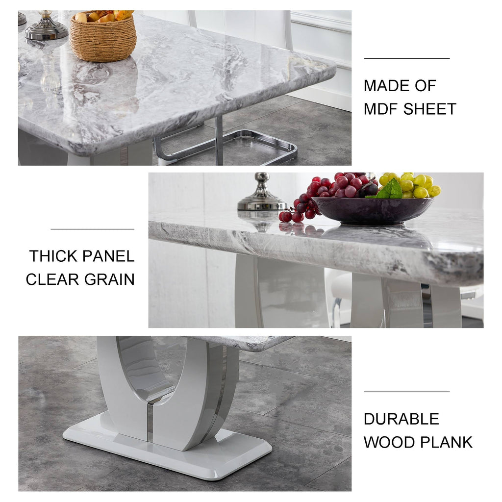 63 Modern White Rectangle Faux Marble Dining Table Room Sets for 4,Dining Table with 4 Velvet Dining Chairs,White Table and 4 Gray Chairs with Silver Leg