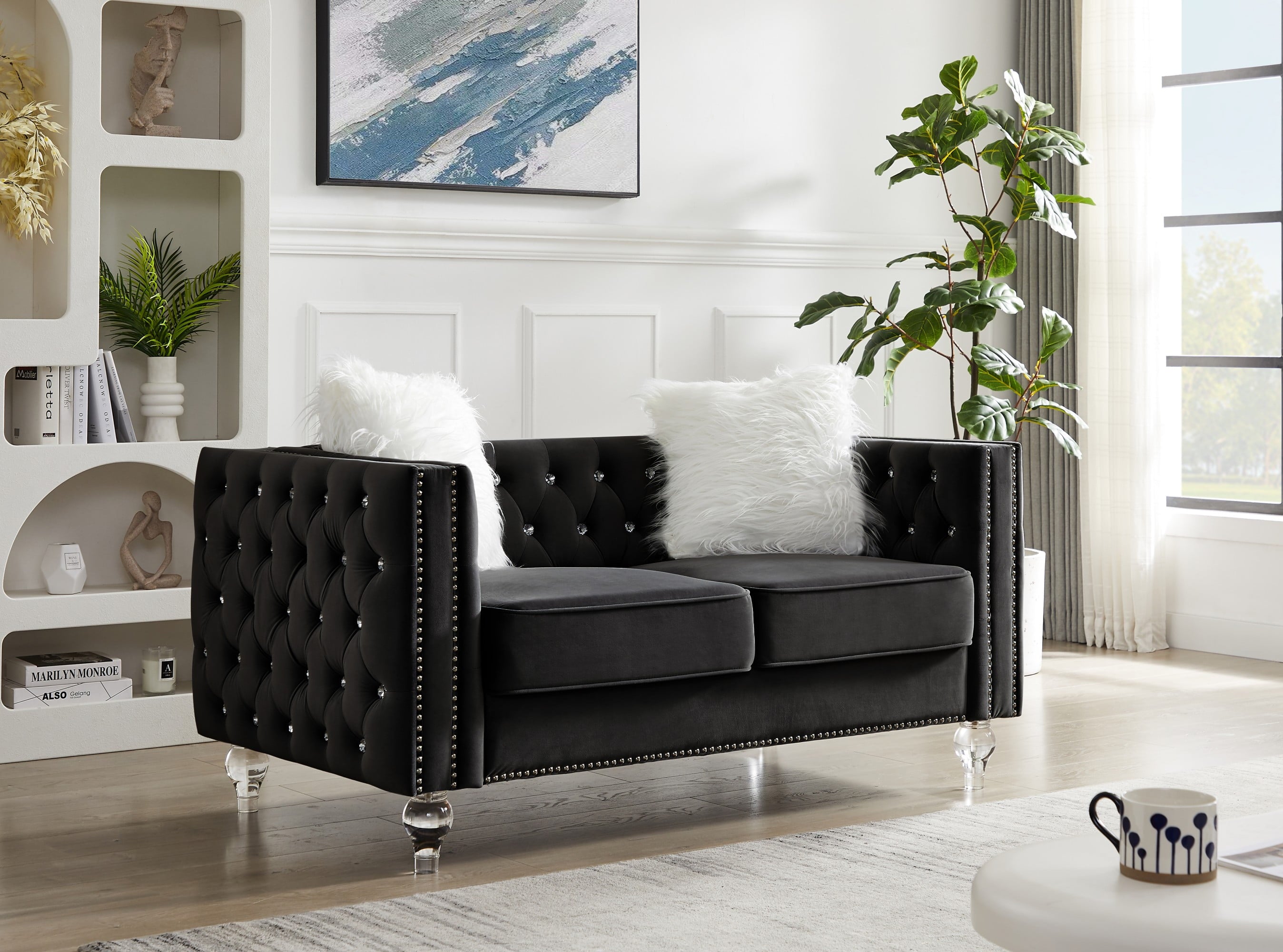 Gewnee 86.6 Modern Sofa Couch,Teddy Velvet 3 Seaters Comfy Couch with Deep Seat for Living Room,2 Pillows,Beige