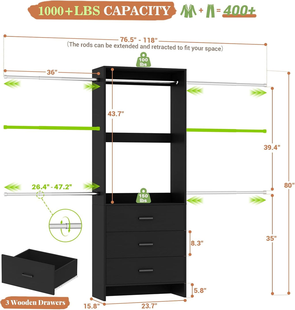 Homieasy Closet System, Closet Organizer with 3 Wooden Drawers, Walk-in Closet Wardrobe Clothes Rack with 4 Hanging Rods, Garment Rack, White