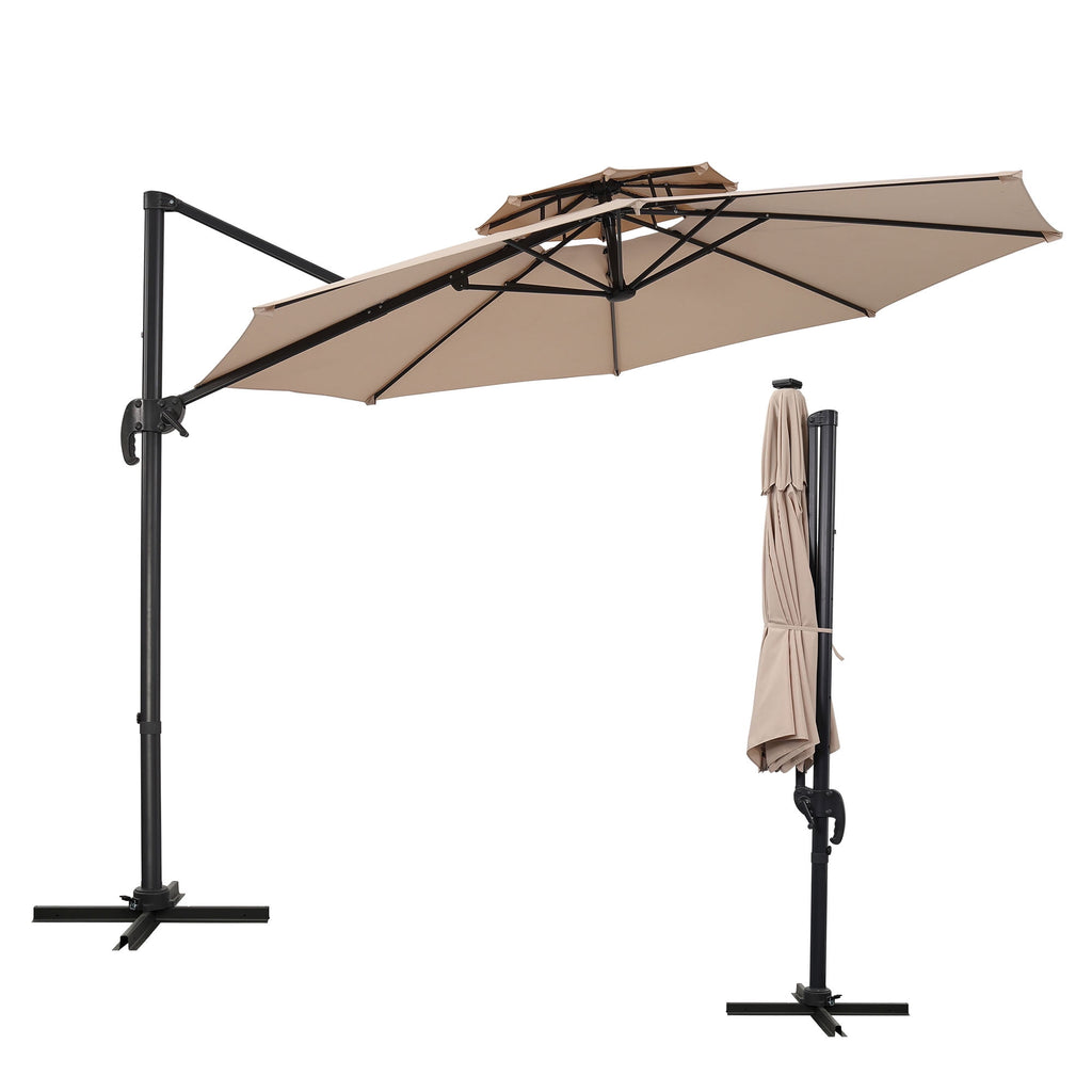Ainfox 10ft Double Top Heavy-Duty Patio Cantilever Umbrella with lights and Cross Base, Outdoor Large Offset Hanging Aluminum Rotation Sun Shade Solar Umbrella with 360°Rotation Adjustable,Khaki