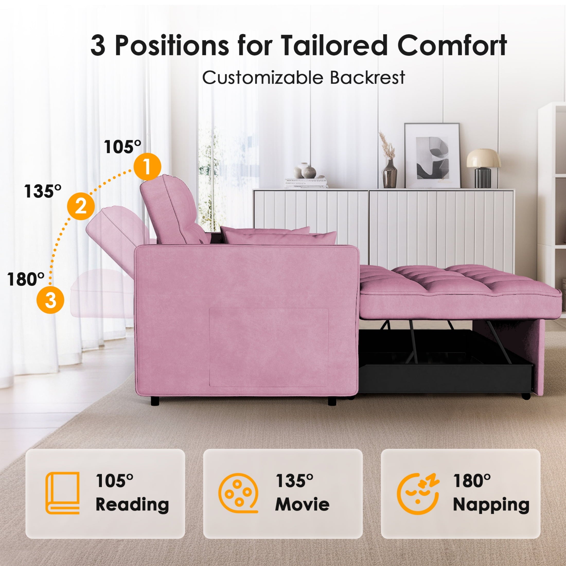 Anpport 3-in-1 Convertible Sleeper Sofa Bed, Pull-Out Loveseat Couch with Adjustable Back for Small Spaces, Velvet Fabric, 55, Dark Gray