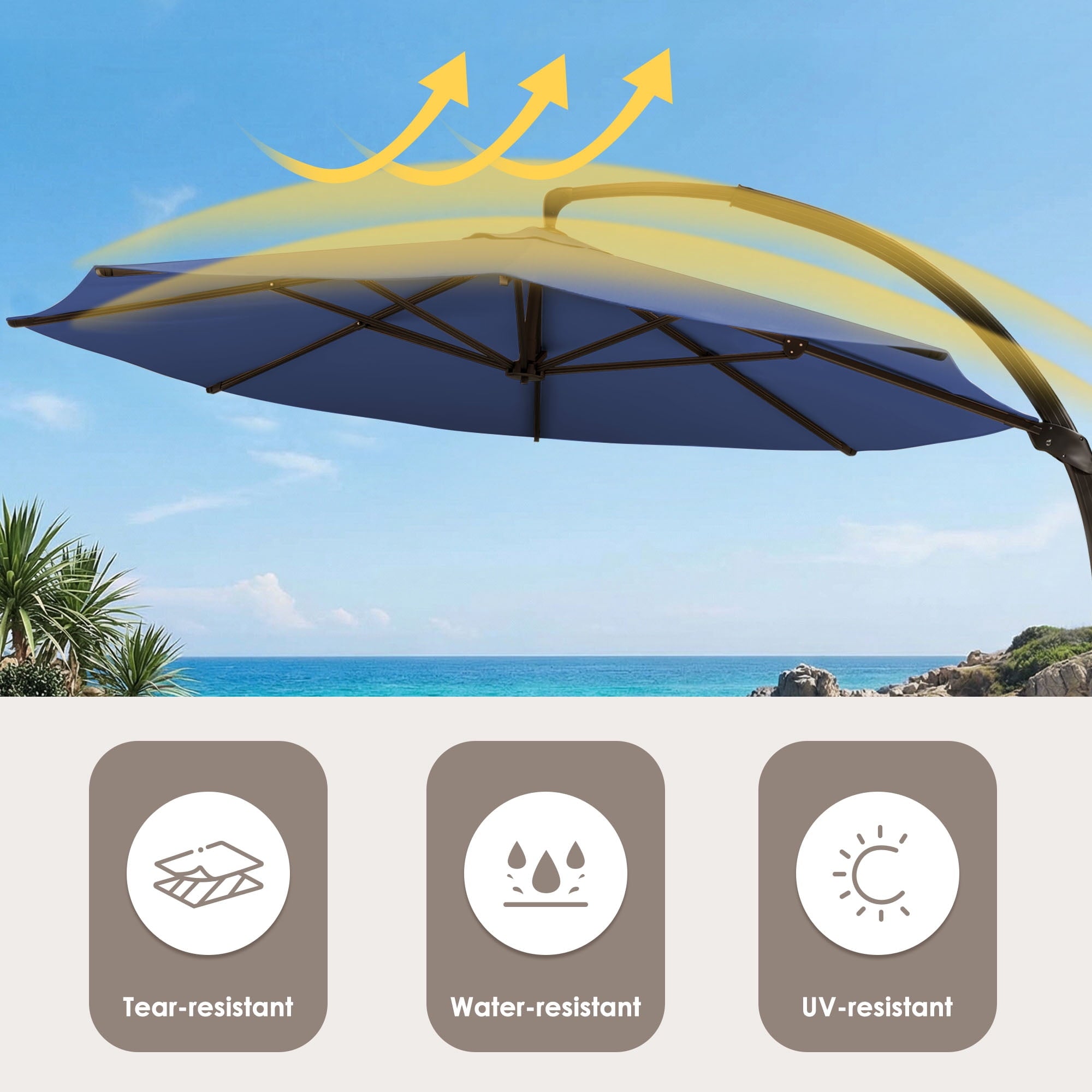 LAZZO 12ft Outdoor Patio Umbrella with Base and Lights, Aluminum Offset Cantilever Umbrella for Pool Deck, Champagne