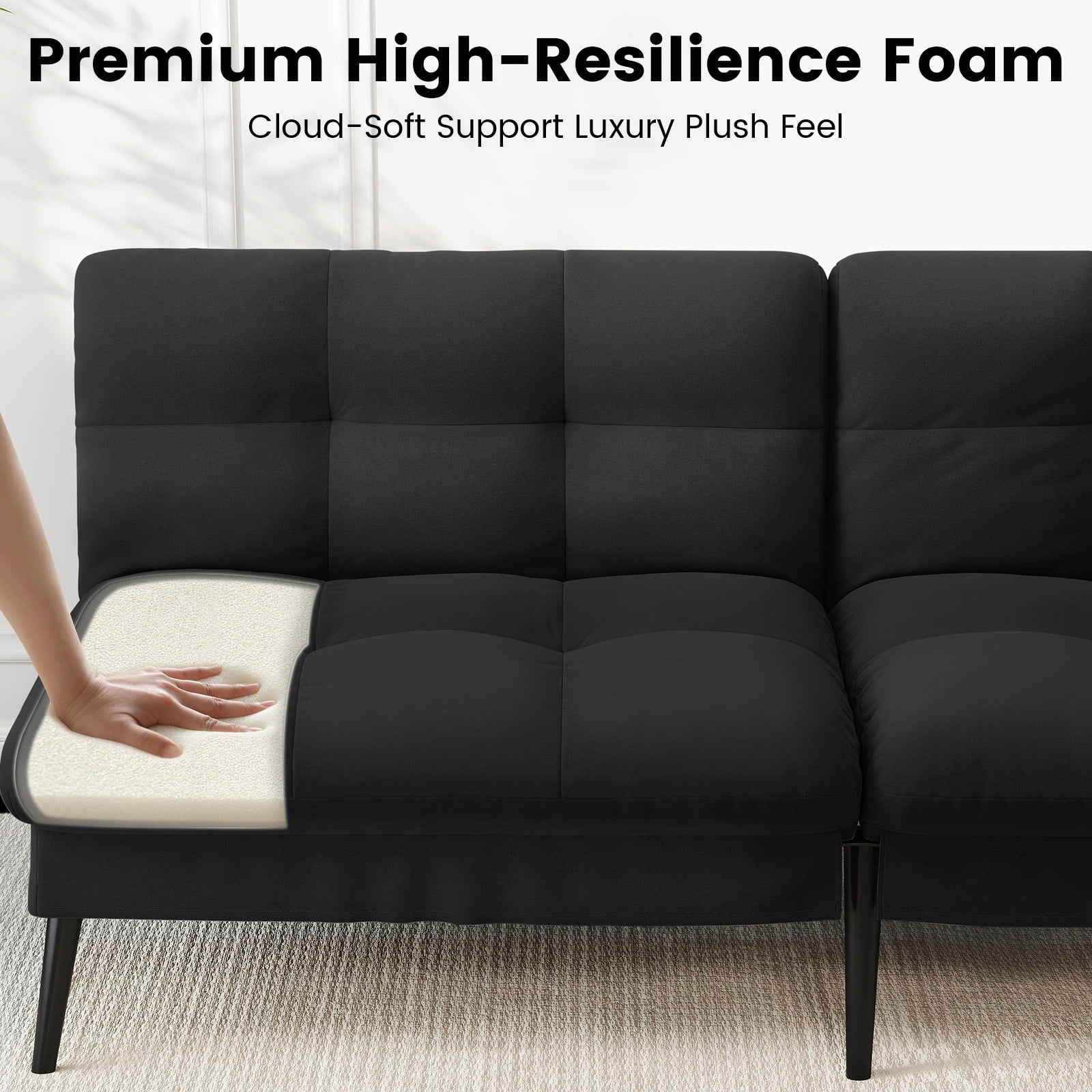 CloudRest Pro 72 Modern Convertible Futon Sofa Bed, Upholstered Futon Couch with 5 Adjustable Backrest Angles,Suitable for Apartment,Living Room,Black