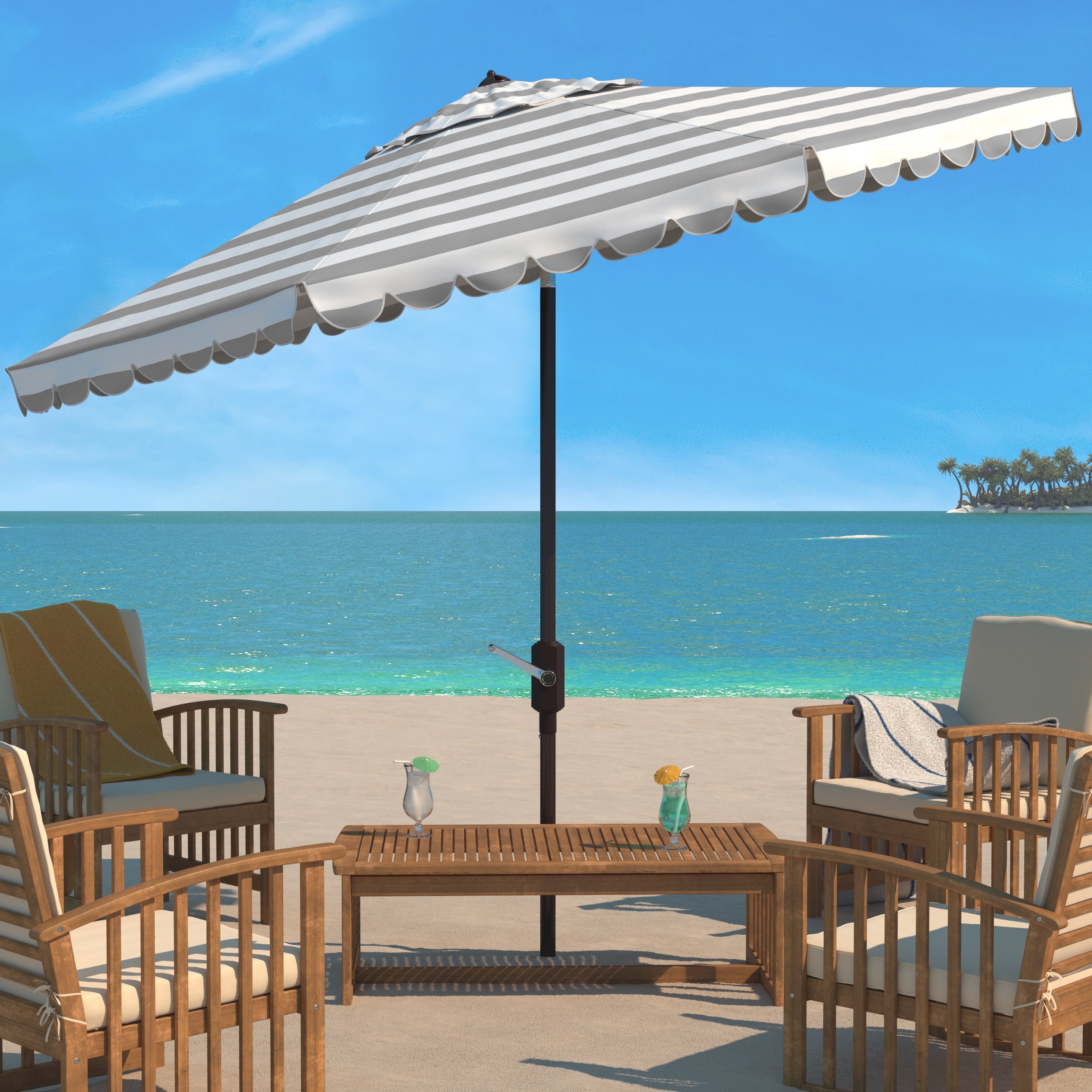 SAFAVIEH Outdoor Collection Vienna 11-Foot Round Crank Umbrella Navy/White