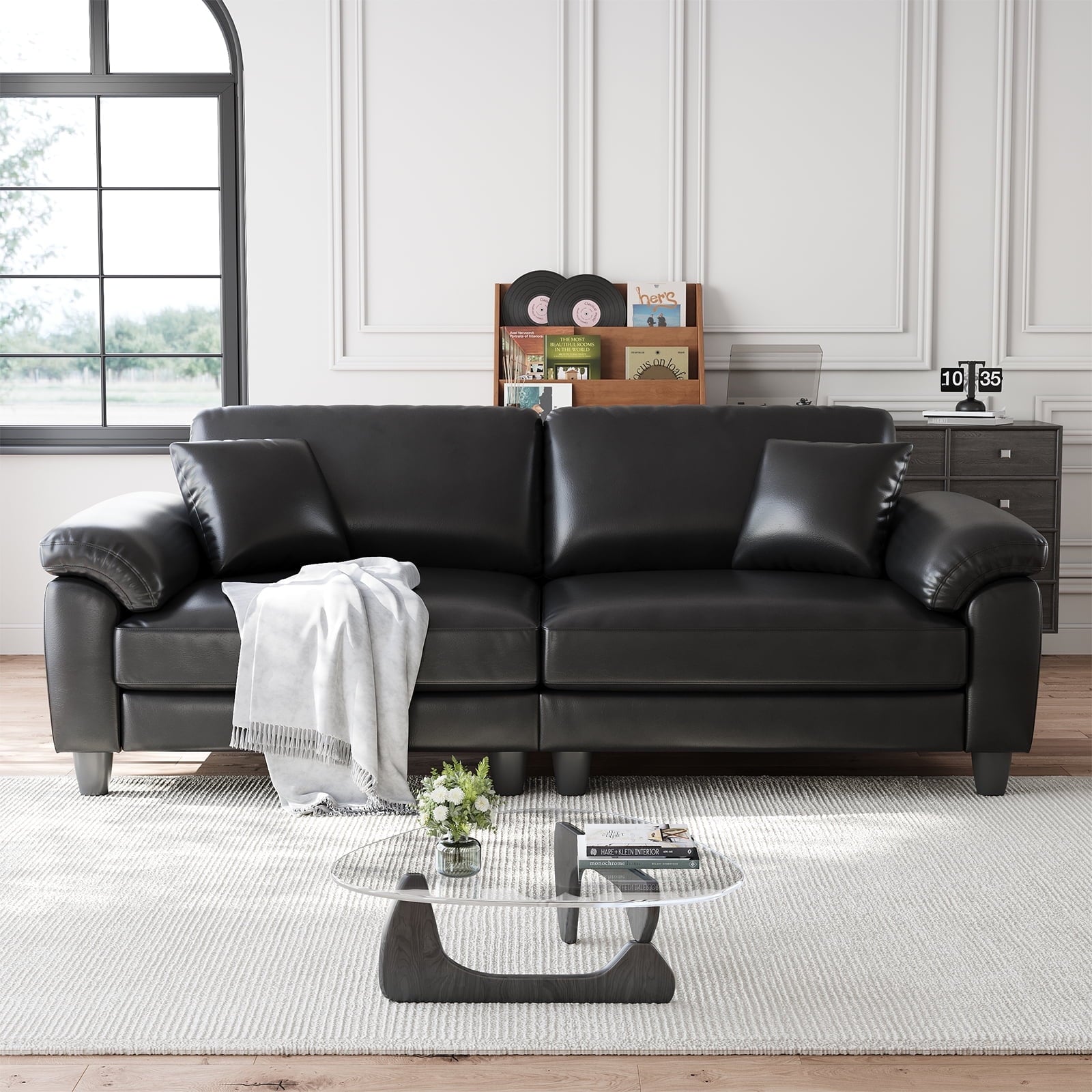 83 Couch Premium PU Leather Sofa, Comfy Extra Deep Seat 3 Seater Couch for Living Room, Oversized Loveseat with 2 Pillows, Beige