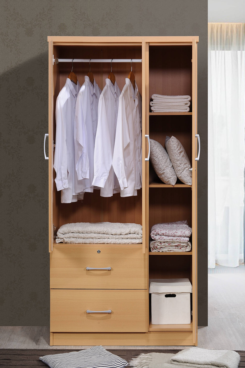 Hodedah 3 Door Bedroom Armoire with Drawers, White Finish