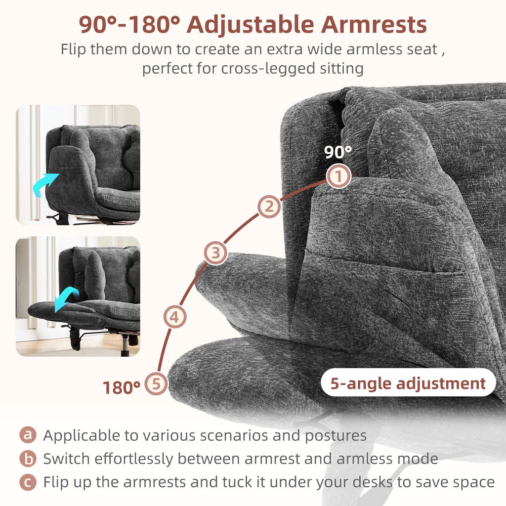 Hforesty Cross Legged Office Chair, Inflatable Flip-up Back & Wide Seat, 5-Position Armrests & Footrest, Ergonomic Task Chair for Home Office, Gray