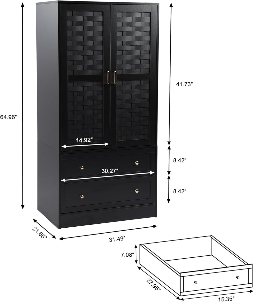 Wirrytor Freestanding Wooden Armoire Wardrobe with 2 Woven Doors and Storage Drawers, Space-Saving Closet Cabinet for Bedroom, Sturdy Mdf Board Closet with Hanging Rail