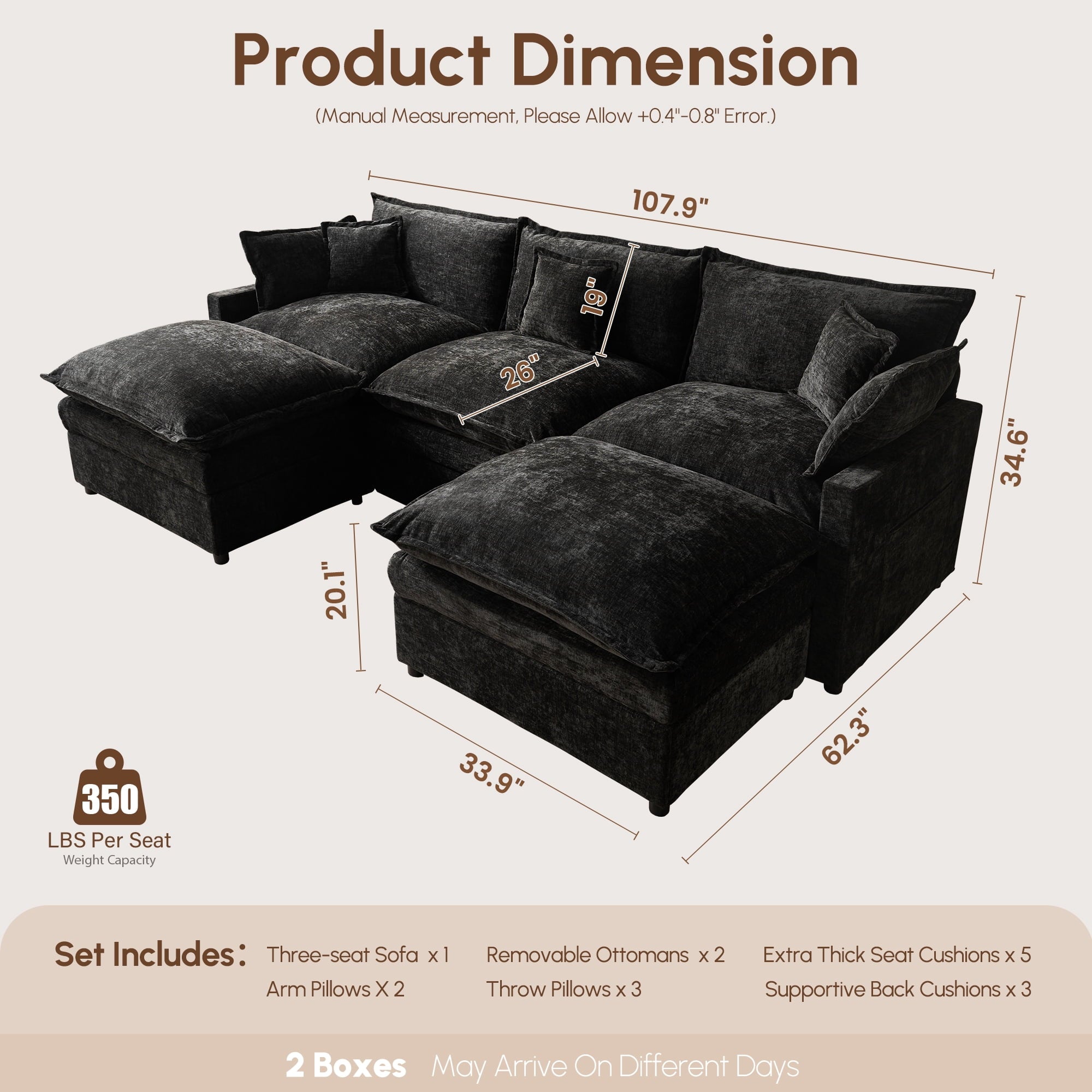 Ovios 108 Modular Sectional Sofa U-Shaped Cloud Couch with 2 Ottomans, Comfy Living Room Furniture, Chenille, Gray