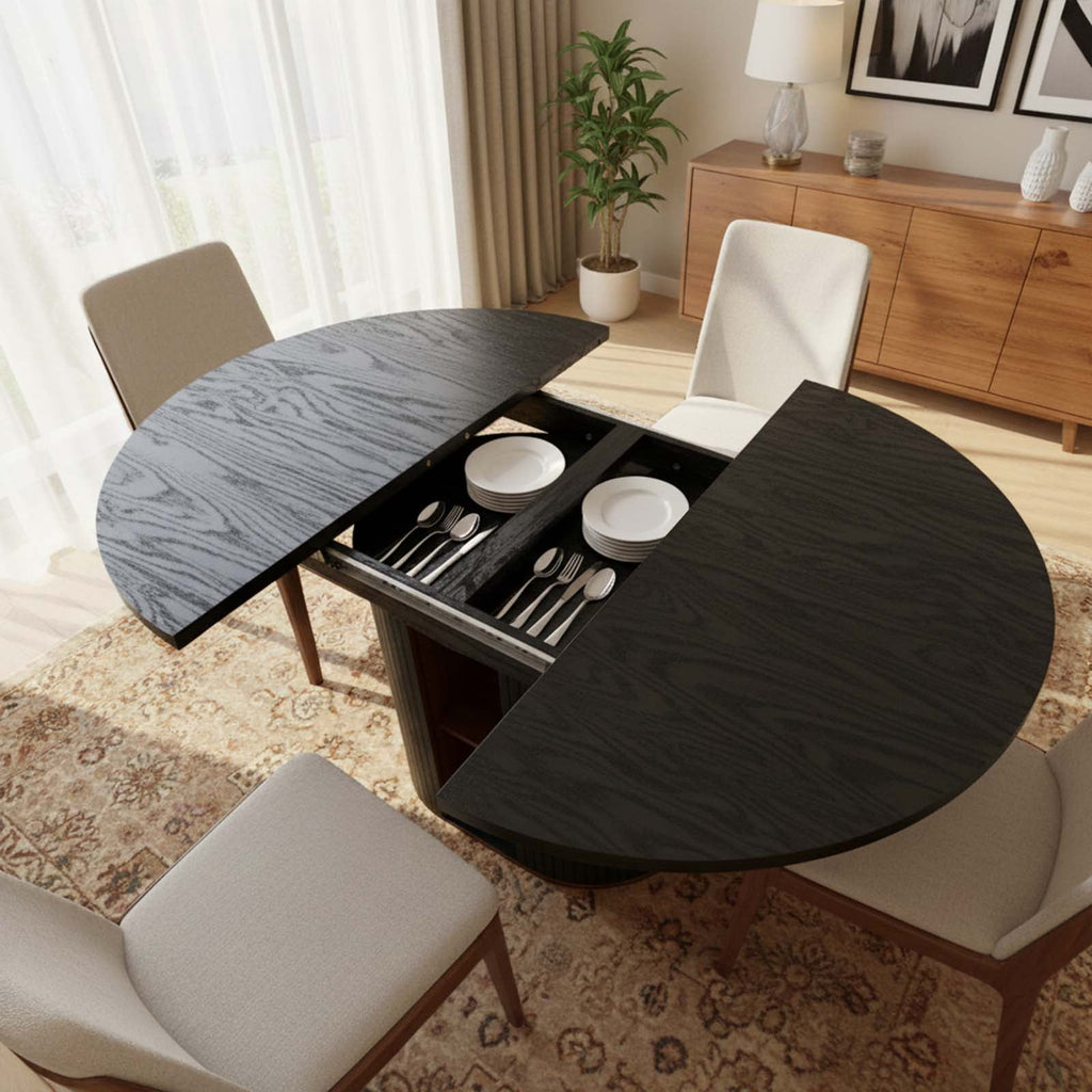Advwin 59 Extendable Round Dining Table for 4–8, Modern Wood Oval Kitchen Table with Storage Shelf, Space-Saving Expandable Circle Dinner Table for Dining Room, Black