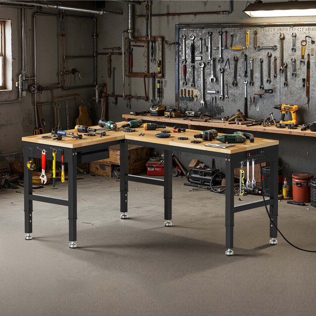 MUWOOD 96-inch L-Shaped Heavy-Duty Workbench with Adjustable Height, Wood Worktop, 5000 LBS Load Capacity for Garage, Workshop