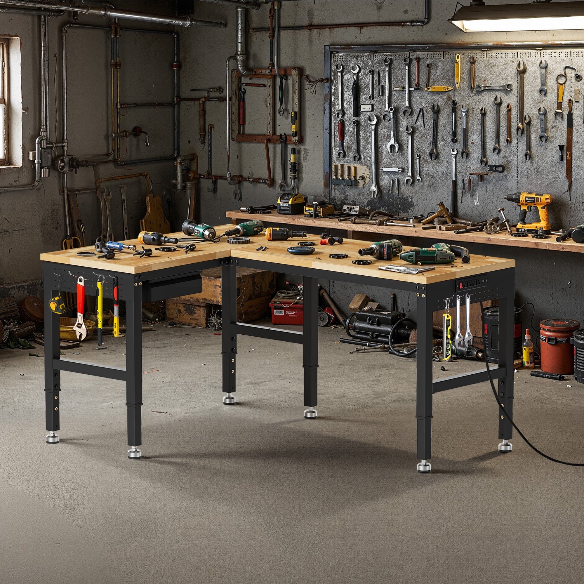 MUWOOD 96-inch L-Shaped Heavy-Duty Workbench with Adjustable Height, Wood Worktop, 5000 LBS Load Capacity for Garage, Workshop