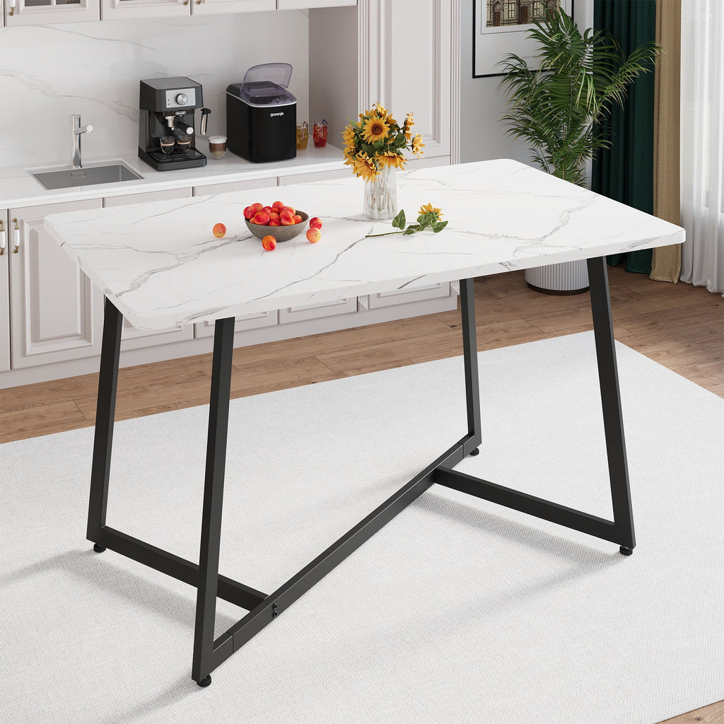 PORKISS 5 Piece Dining Table Set, Modern Faux Marble Tabletop and 4 Linen Upholstered Chairs, Rectangle Kitchen Table and Chairs for 4, White + Gray(Linen)
