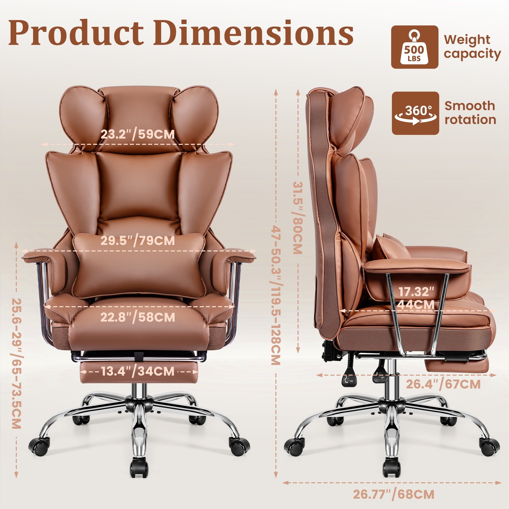 COOLHUT Big and Tall Office Chair 500LBS Wide Seat Ergonomic Computer Desk Chair, PU Leather Executive Office Chair with Footrest, Adjustable Task Chair Lumbar Back Support 8 Hour, Black