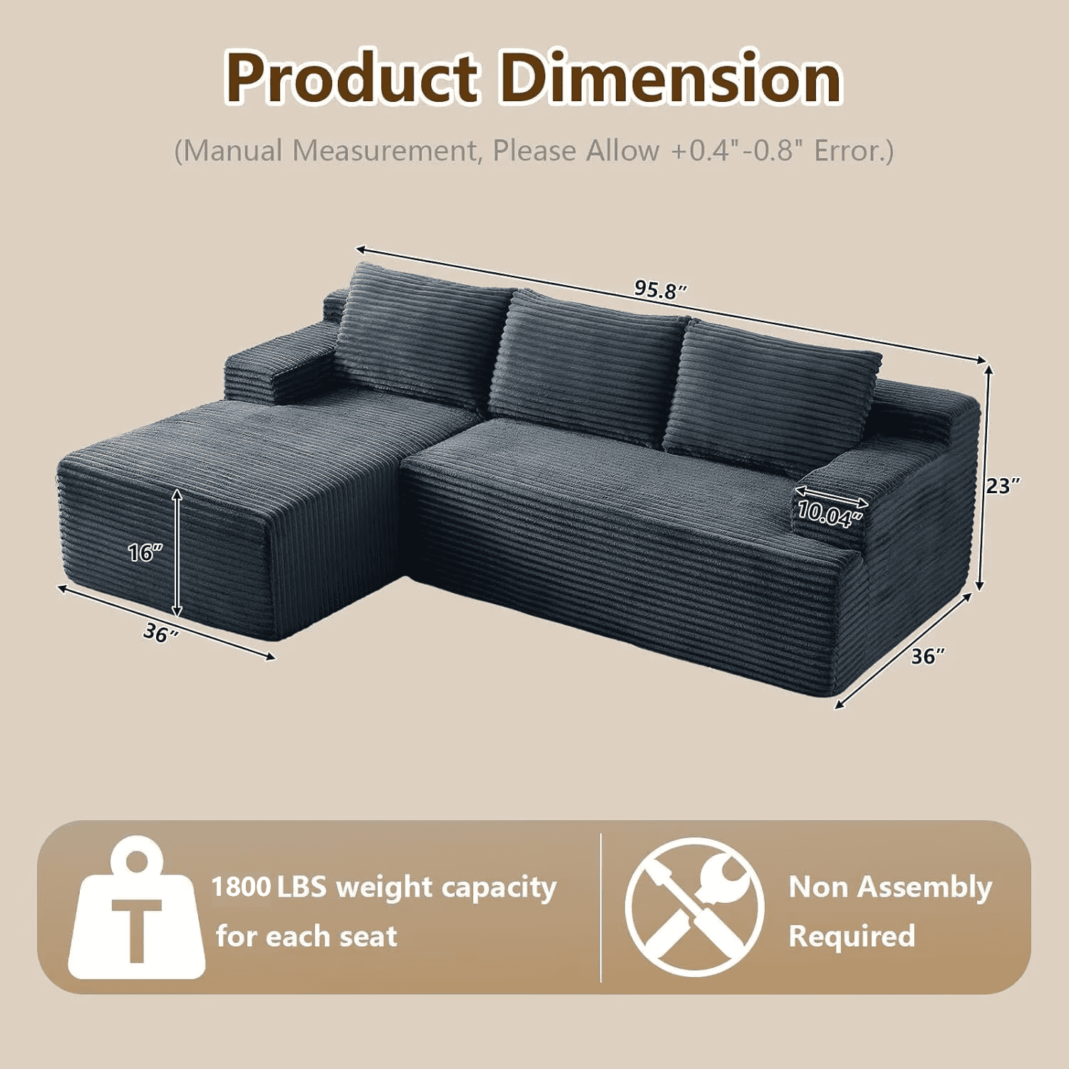 96 L-Shaped Sectional Couches for Living Room, Modular Cloud Couch with Chaise, Corduroy Deep Seat Boneless Sofa, No Assembly, Black