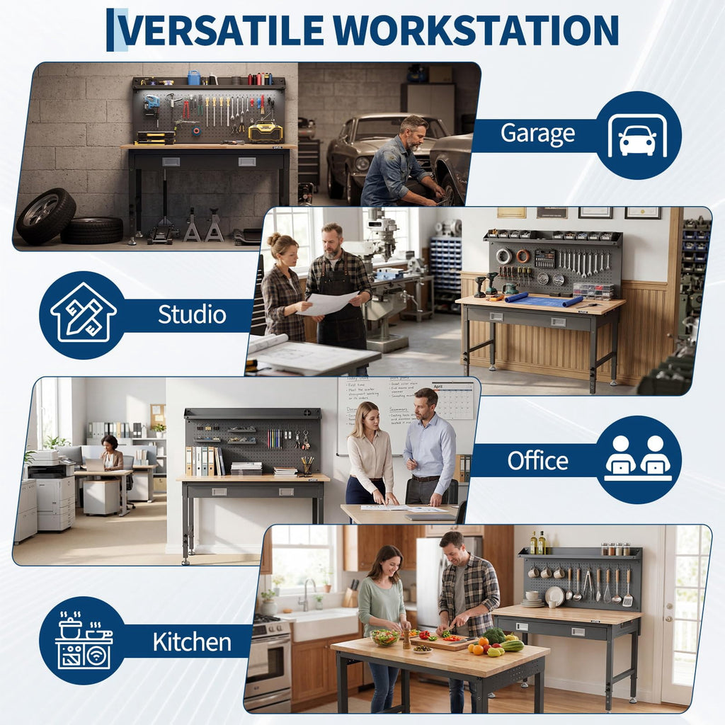Garvee Work Tables for Workshop, 48 x 24 Workbench with Integrated Drawer, Back Panel & 5-Level Adjustable Height, Black