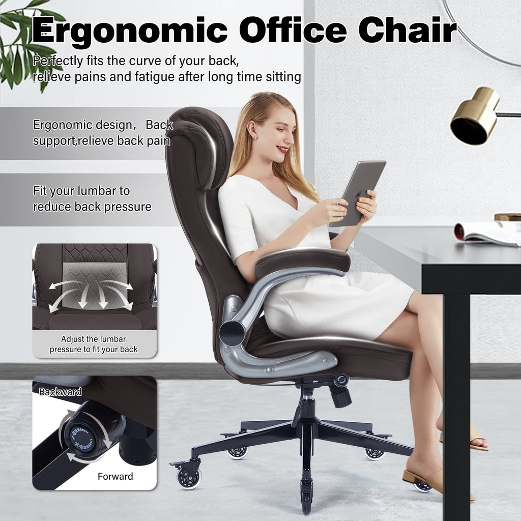 High Back Office Chair with Lockable Wheels, 400lbs Large Fabric Executive Desk Chair, Adjustable Lumbar Support Flip up Arms, Ergonomic Home Office Computer Chair with Storage Pocket, Black