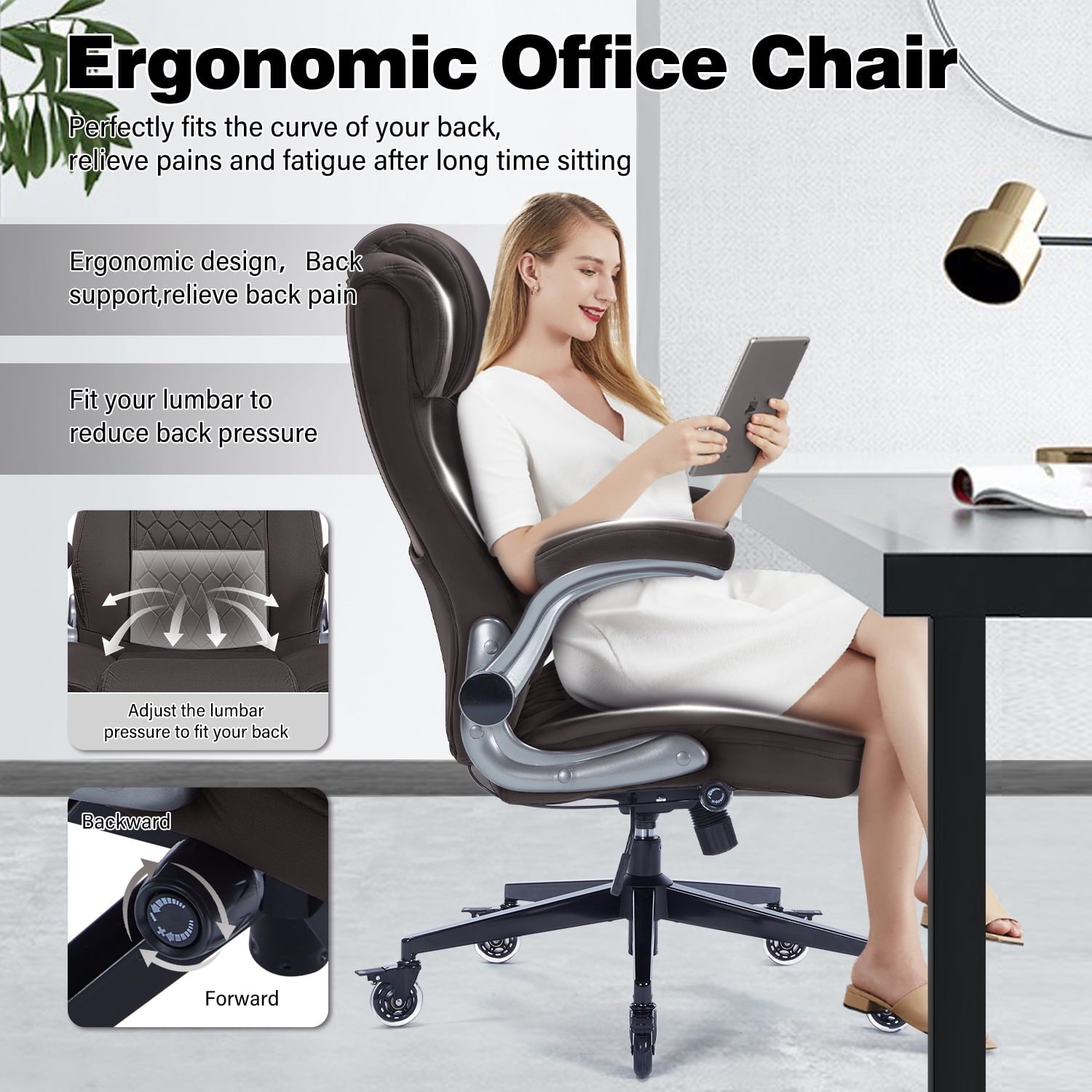 High Back Office Chair with Lockable Wheels, 400lbs Large Fabric Executive Desk Chair, Adjustable Lumbar Support Flip up Arms, Ergonomic Home Office Computer Chair with Storage Pocket, Black
