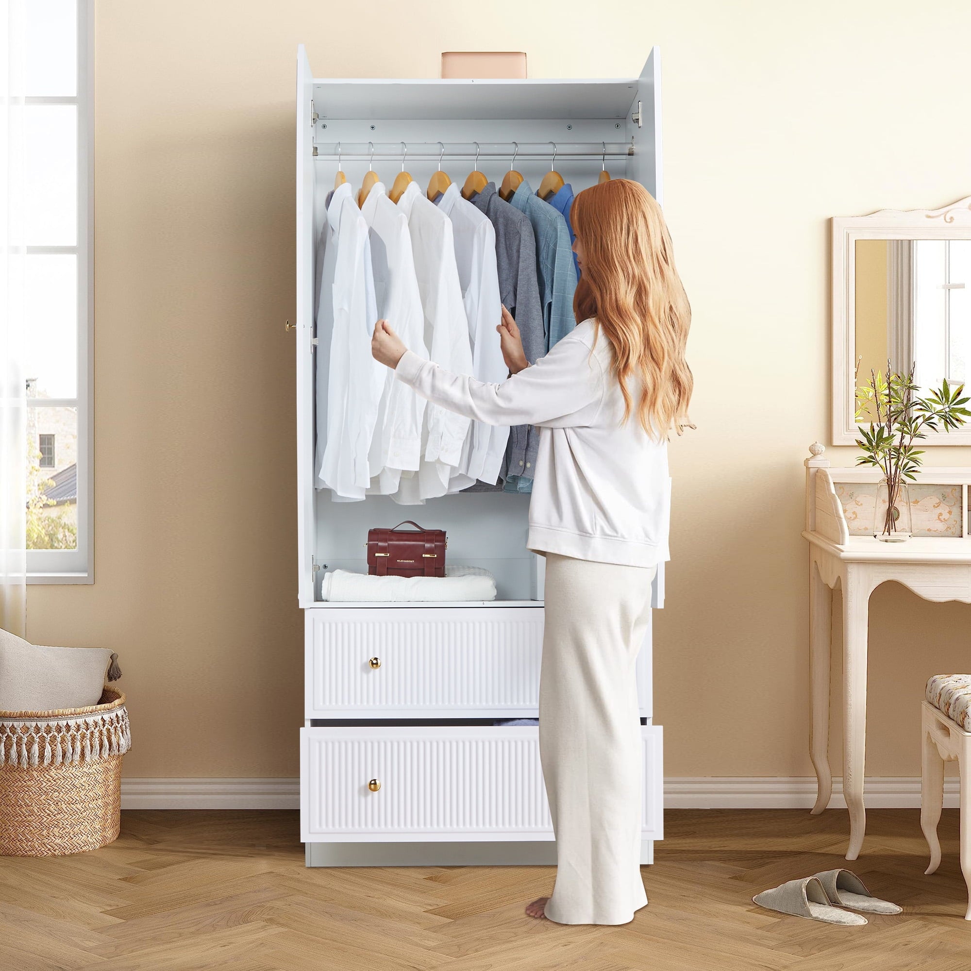 Wirrytor Freestanding Wooden Armoire Wardrobe with 2 Woven Doors and Storage Drawers, Space-Saving Closet Cabinet for Bedroom, Sturdy Mdf Board Closet with Hanging Rail