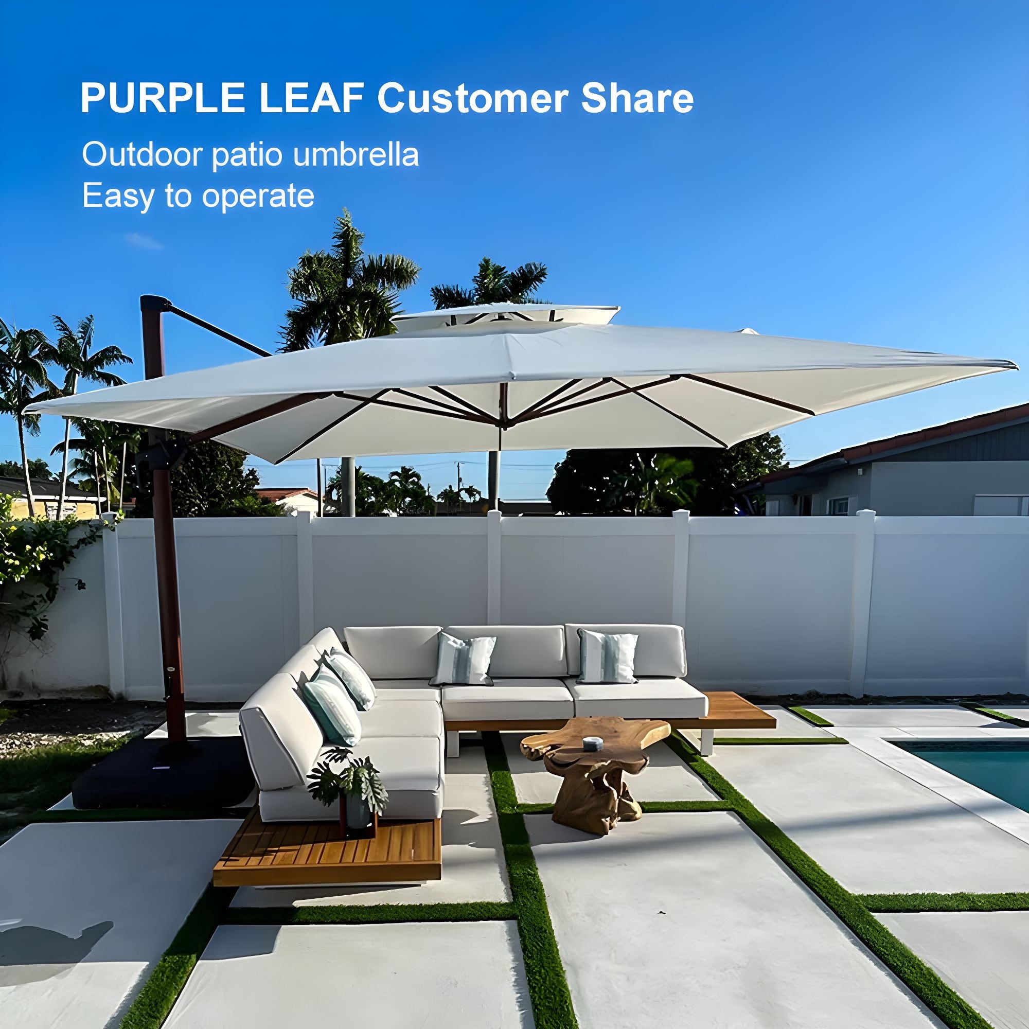 PURPLE LEAF 10FT Deluxe Square Wood Grain Patio Umbrella, Large Offset Cantilever Umbrella with 360° Rotation, Beige
