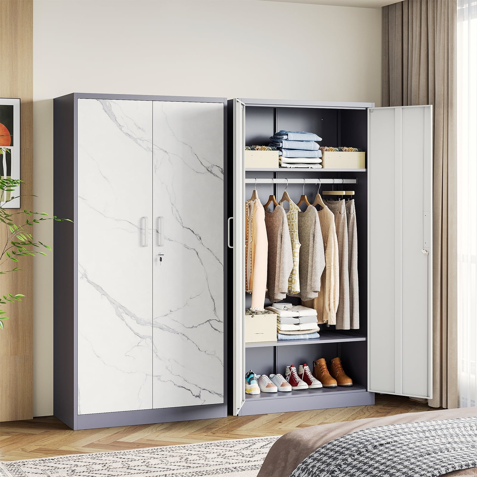 STANI Metal Wardrobe Closet with Hanging Rod, 72 White Armoire Wardrobe Cabinet with Adjustable Shelves, Clothes Storage Organizer Cabinets for Bedroom, Bathroom, Office
