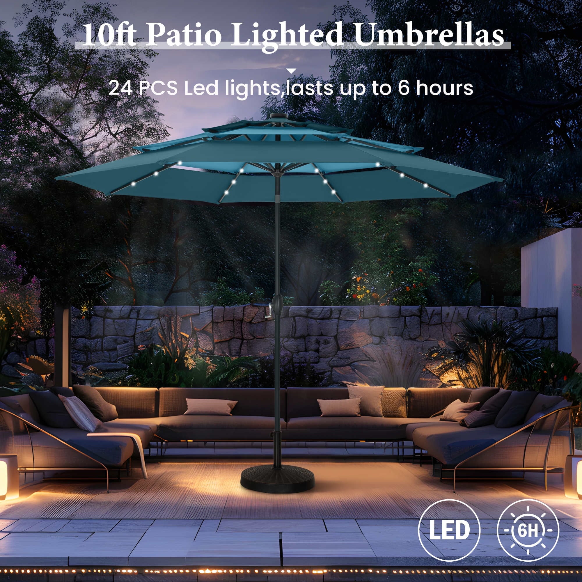 Summit Living 10ft Patio Umbrella with Solar Lights 3-Tier Vented Outdoor Market Umbrella with Auto-Tilt – Beige